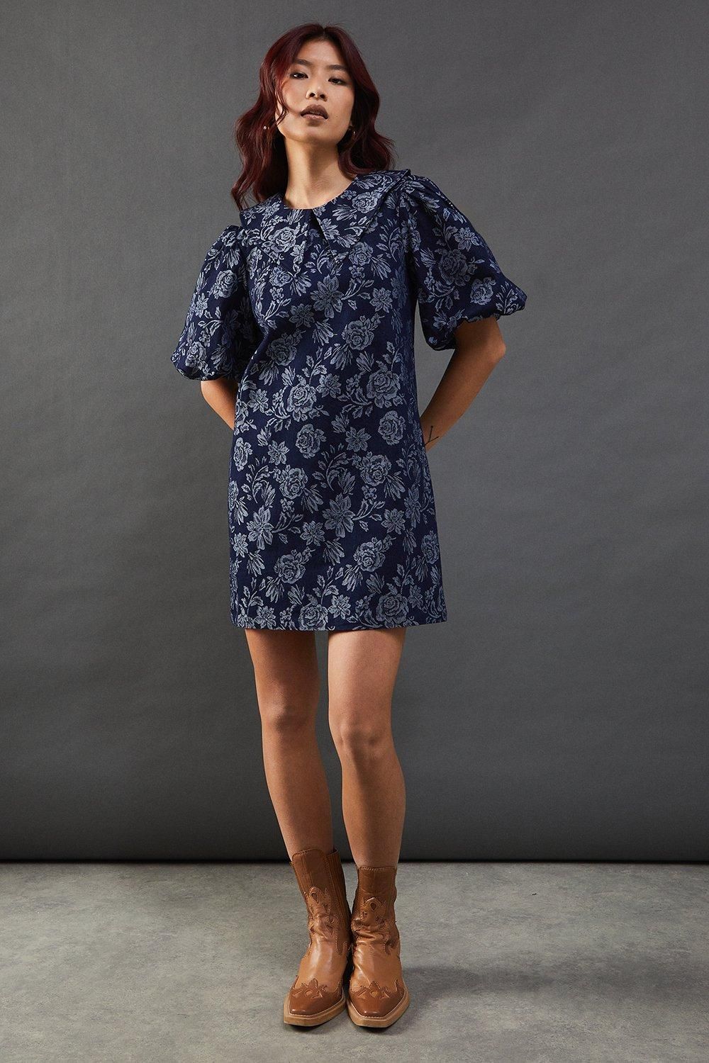 Warehouse Denim Rose Jacquard Pointed Collar Mini Dress
