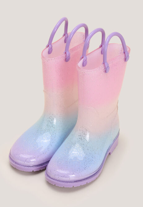 Girls Pink Rainbow Glitter Pull On Wellies