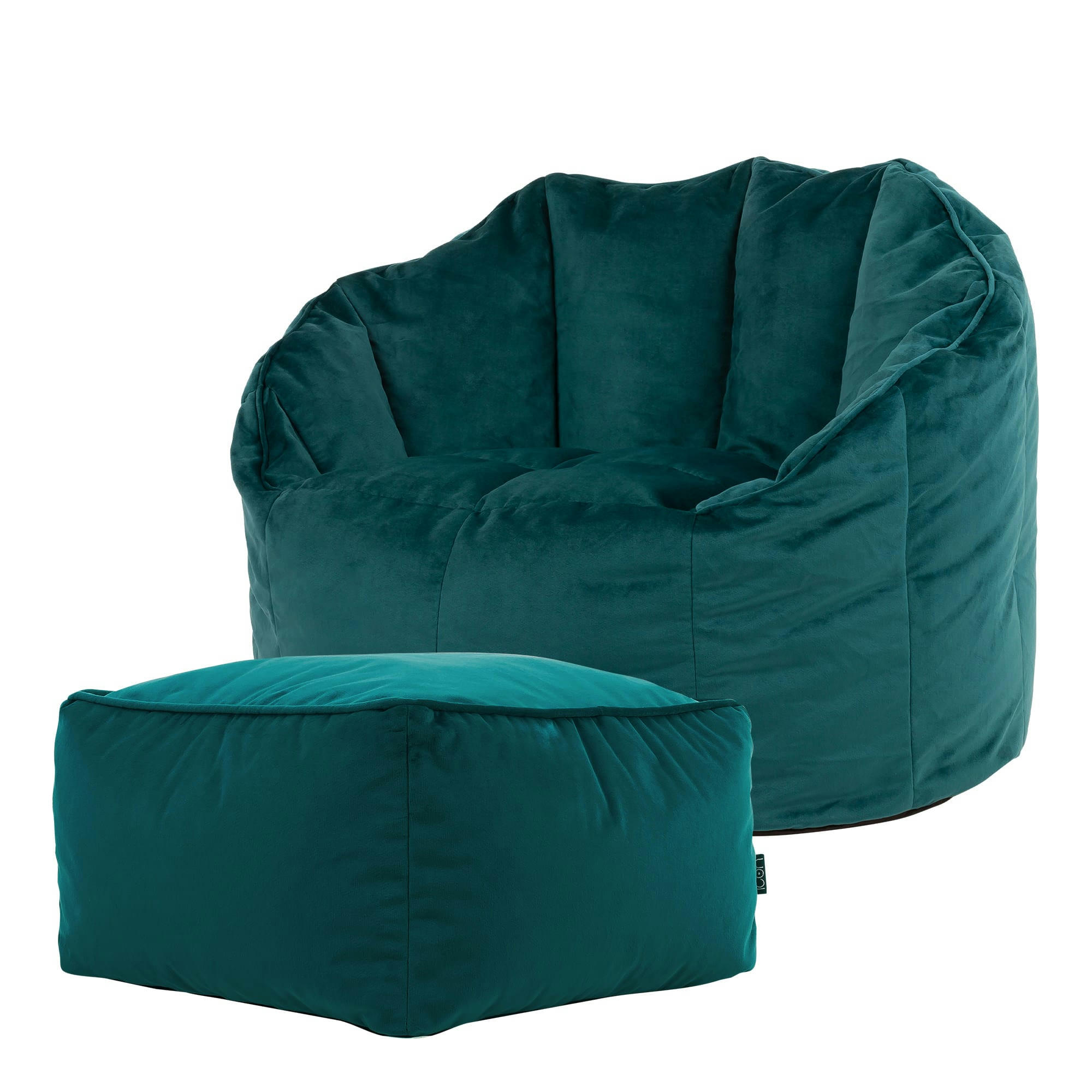 SIRENA - Pouf fauteuil avec repose-pied velours bleu canard