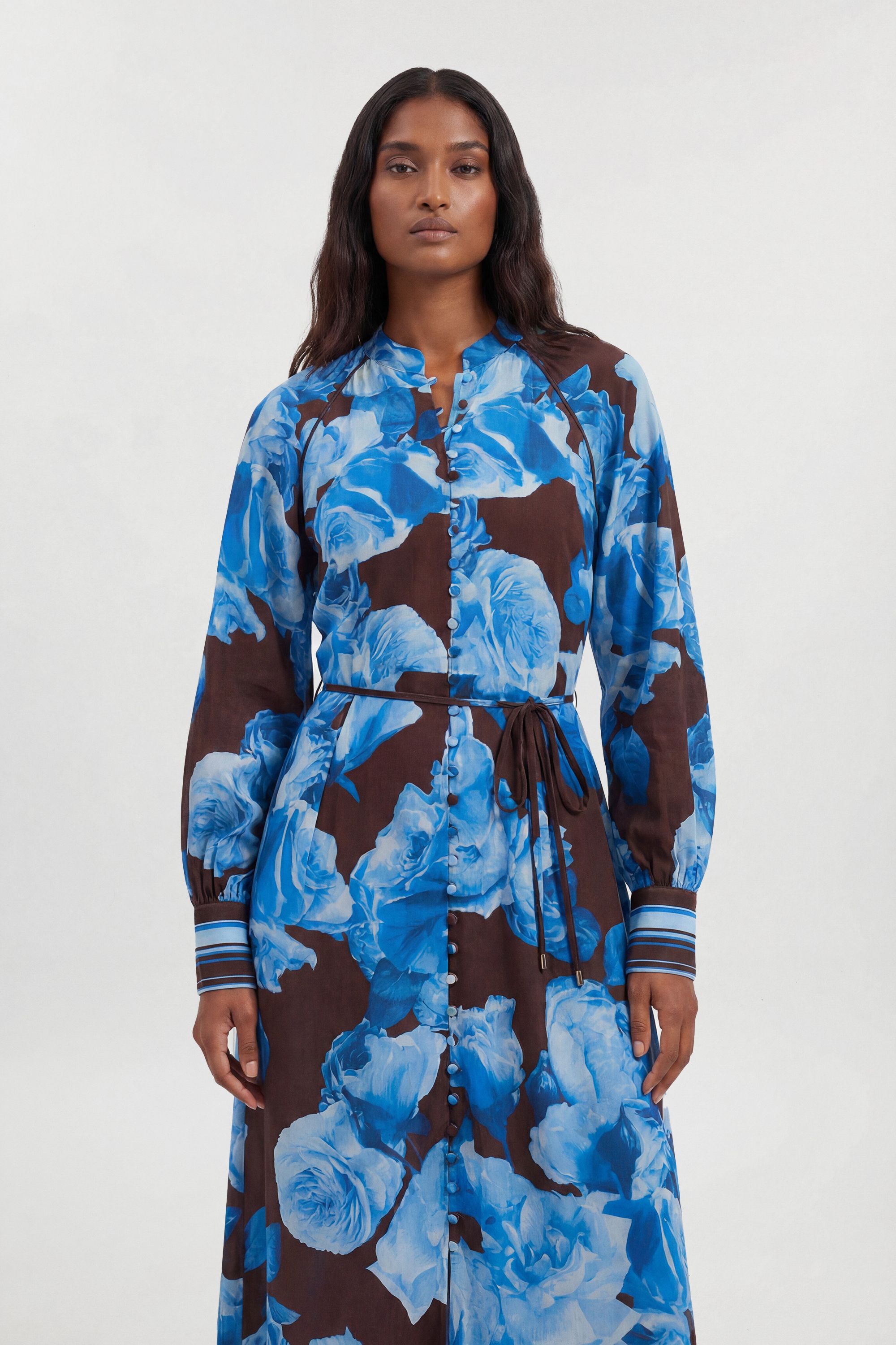 KarenMillen Viscose Woven Stripe Contrast Blue Floral Midi Shirt dress