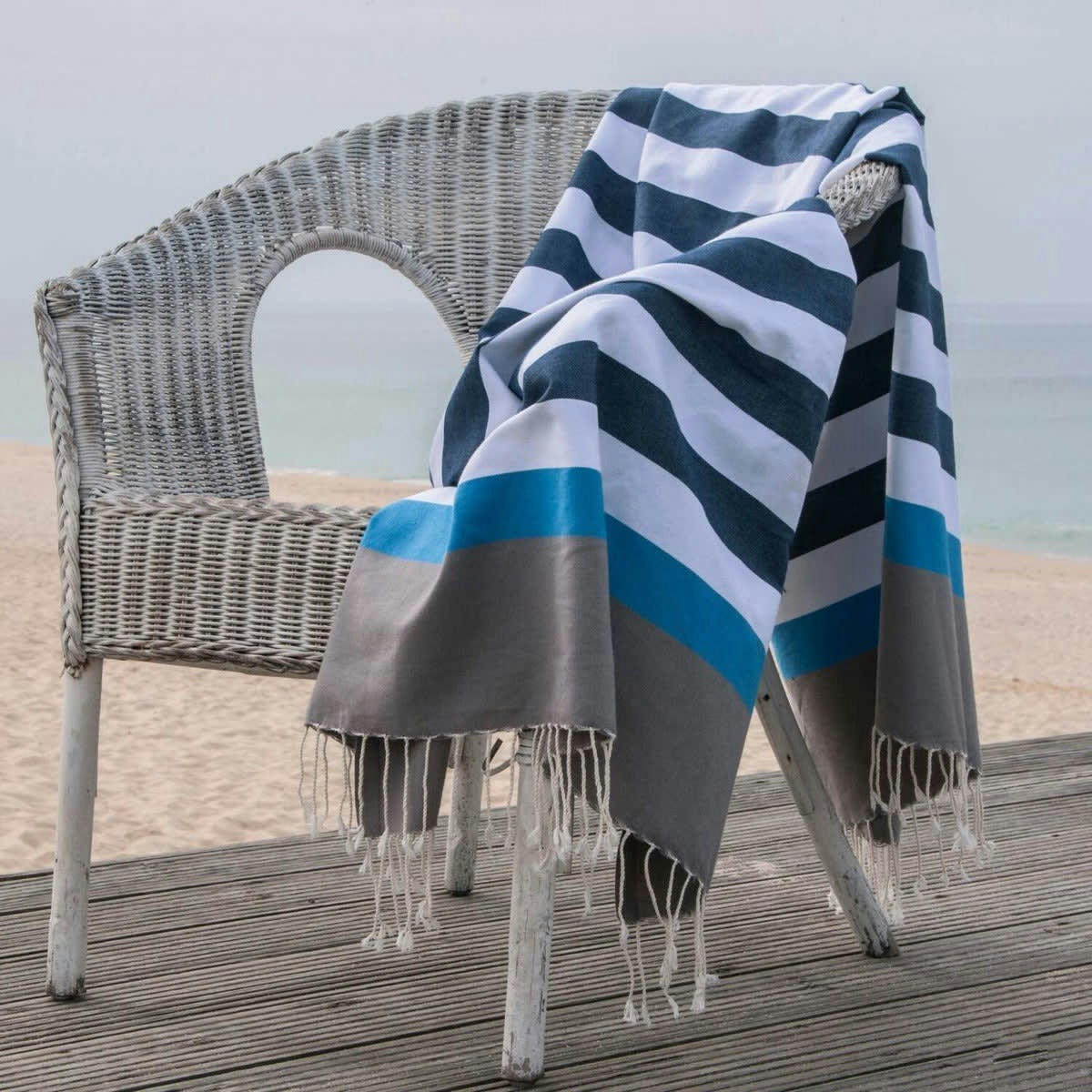 ARCACHON - Fouta tricolore coton  100x200 bleu jean / bleu azur
