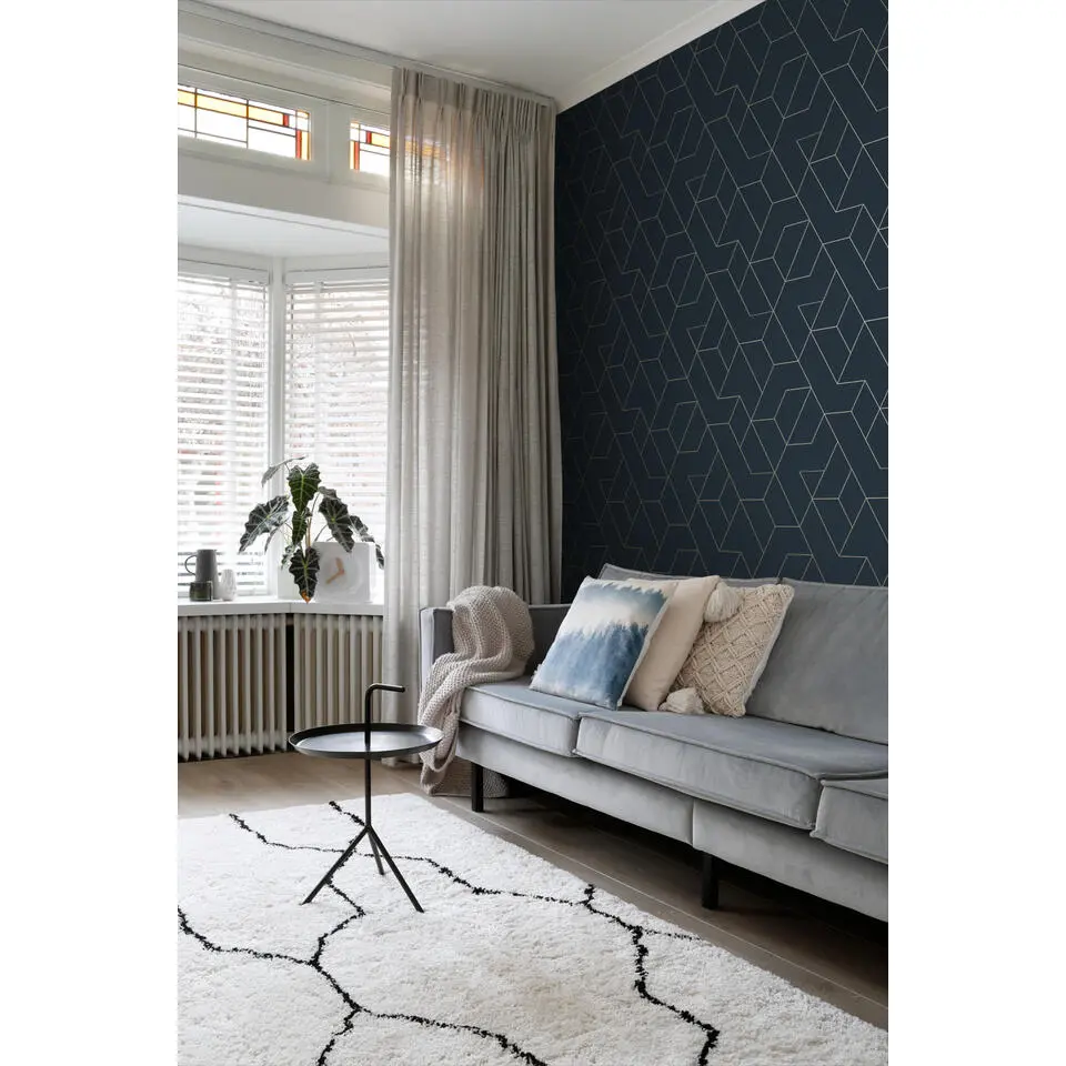 ESTAhome behang grafische lijnen donkerblauw en goud - 50 x 900 cm