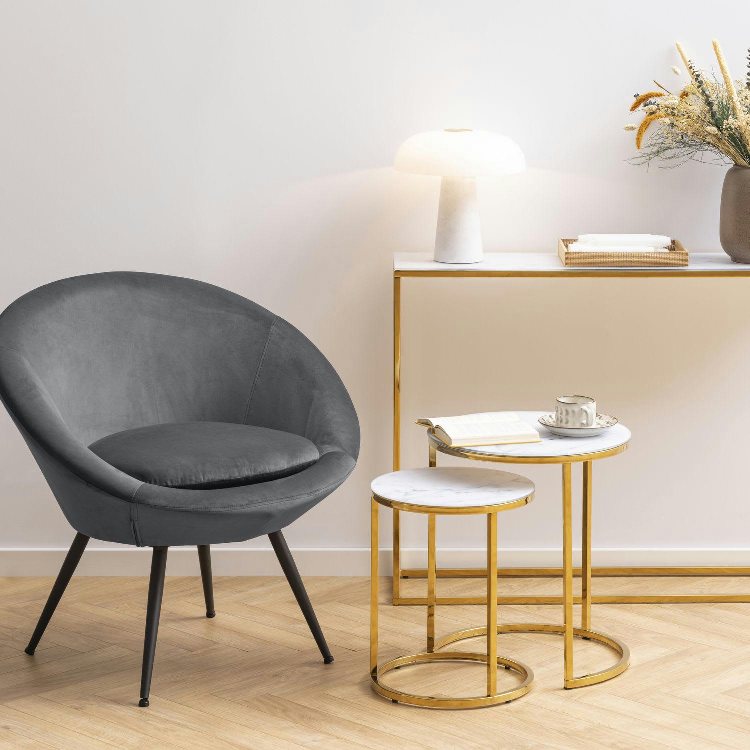 ALYSÉ  - Lot de 2 tables d'appoint ronde en marbre et métal blanc