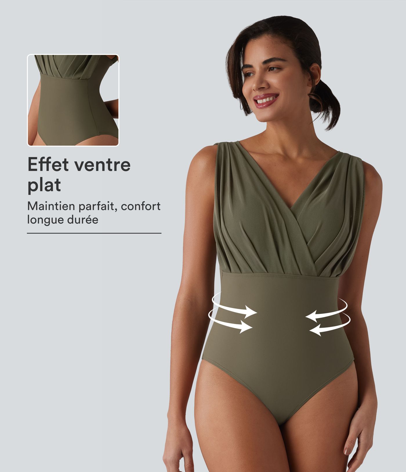 Maillot de bain une pièce col V sans manches ventre plat soutien-gorge intégré