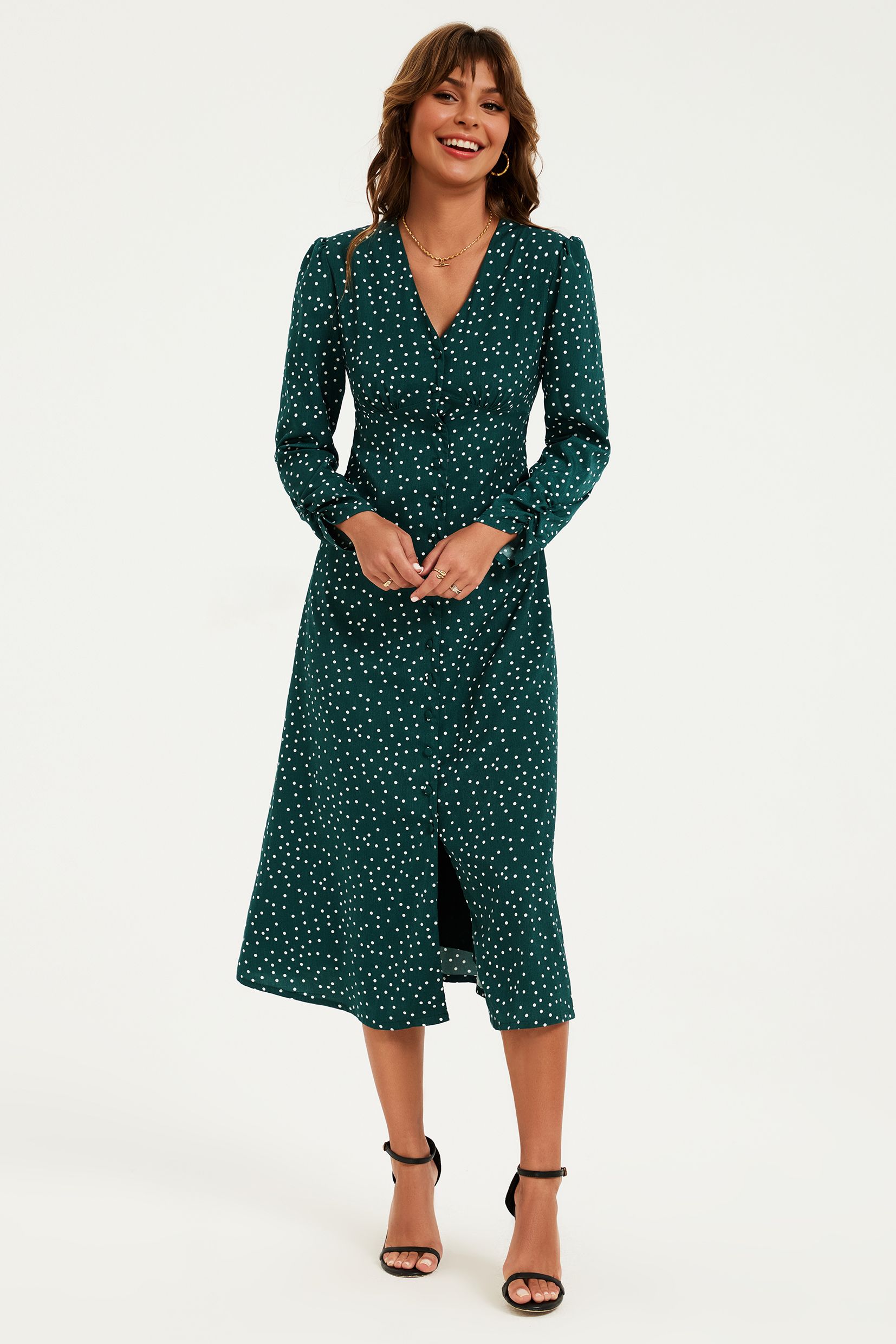 FS Collection Dot Print Long Sleeve Button Front Midi Dress In Green