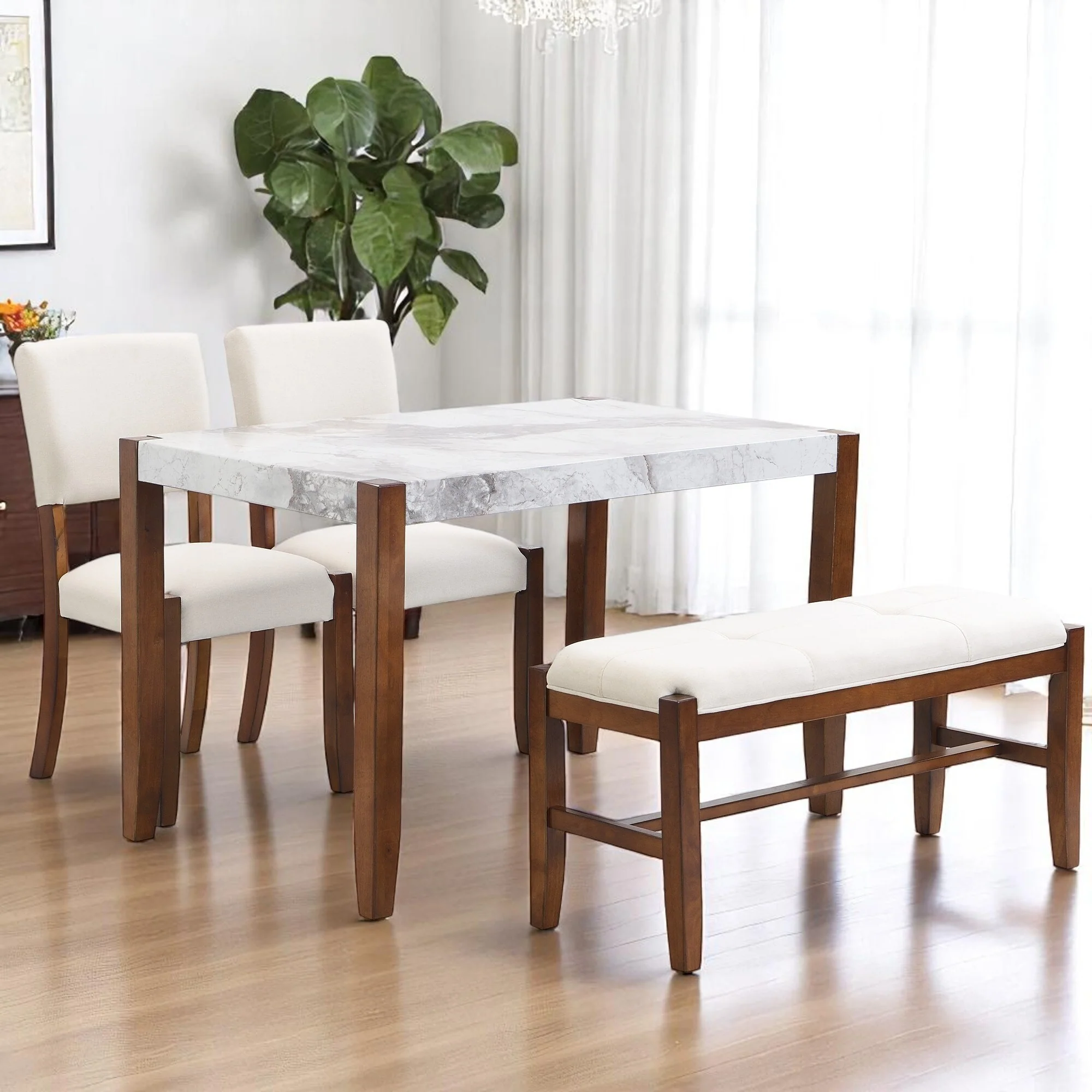 4-Piece Dining Table Set with Faux Marble 46 Table, 2 Upholstered Chairs and Bench for Dining Room or Kitchen