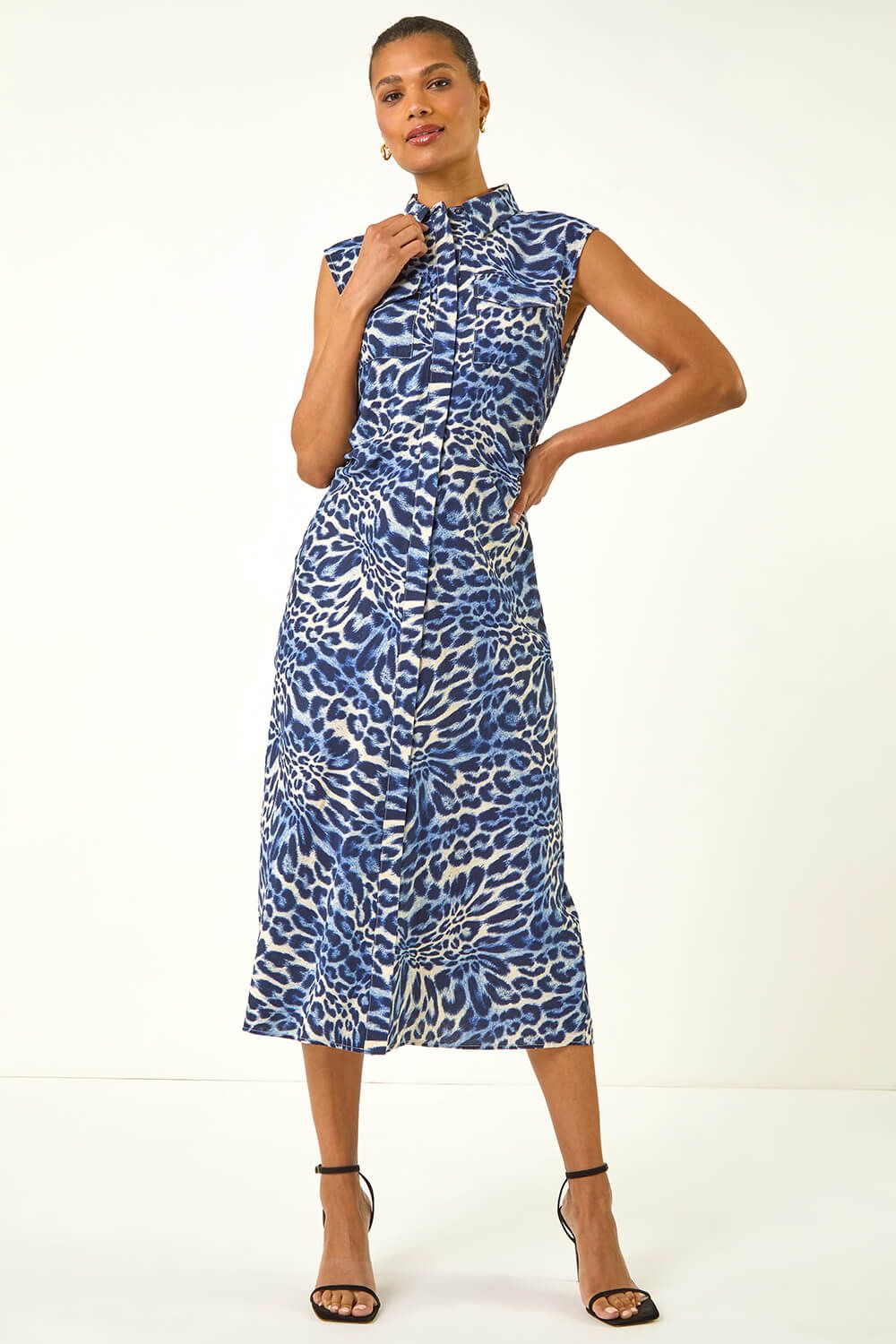 Roman Animal Print Gathered Shirt Dress