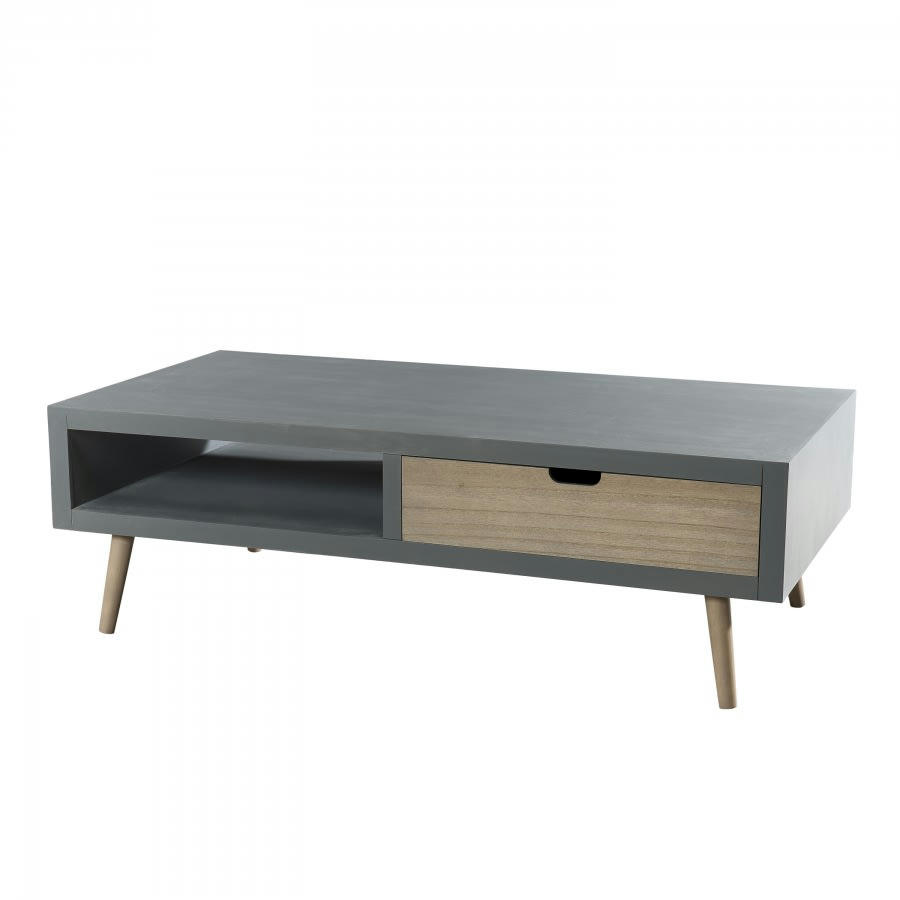 MARTIN - Table basse grise 1 niche 2 tiroirs en pin L120