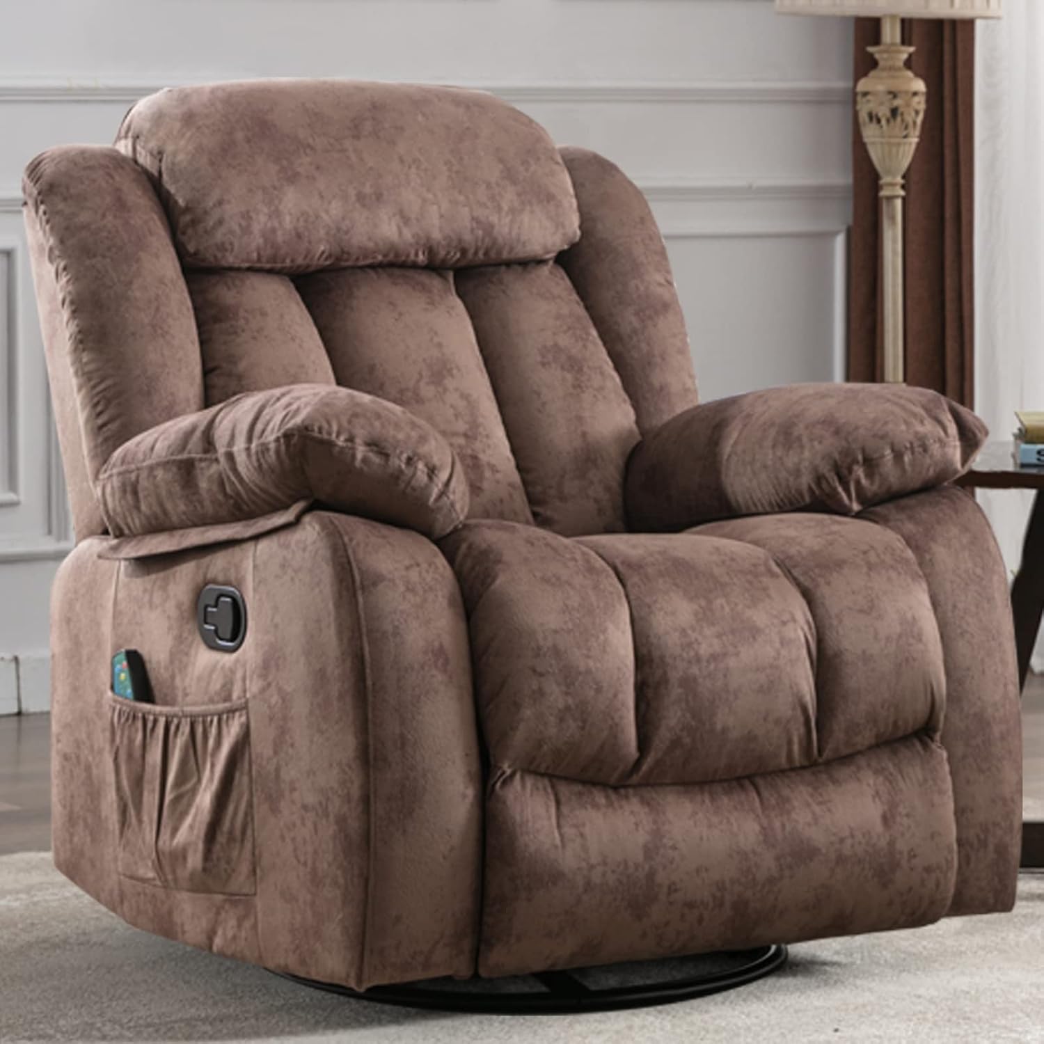 INZOY Rocker Recliner with Heat and Vibration, Manual Swivel Rocking Chair with Vibrating Massage, Comfy Padded Overstuffed Soft Fabric Heated Recliner (Brown)