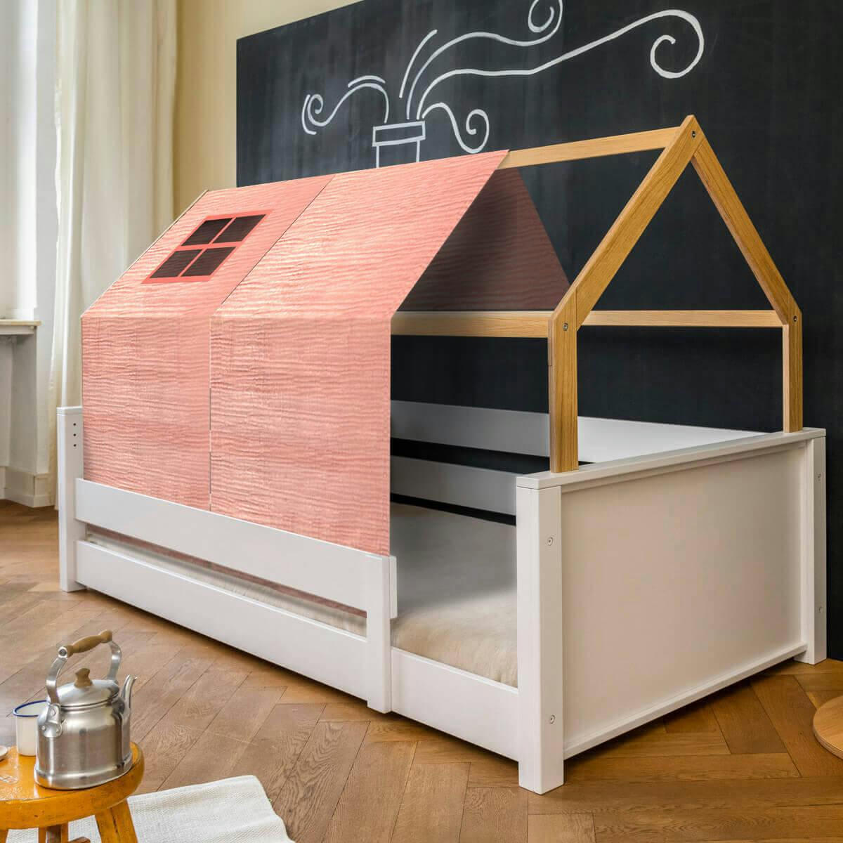 KASVA - Lit montessori cabane avec textiles bobble rose