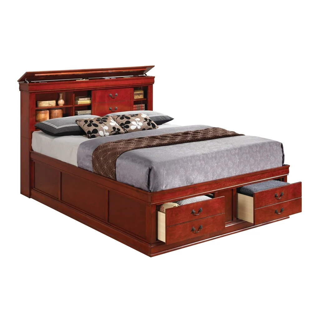 Louis Philippe Red Brown 4-piece Bedroom Set with Storage Bed