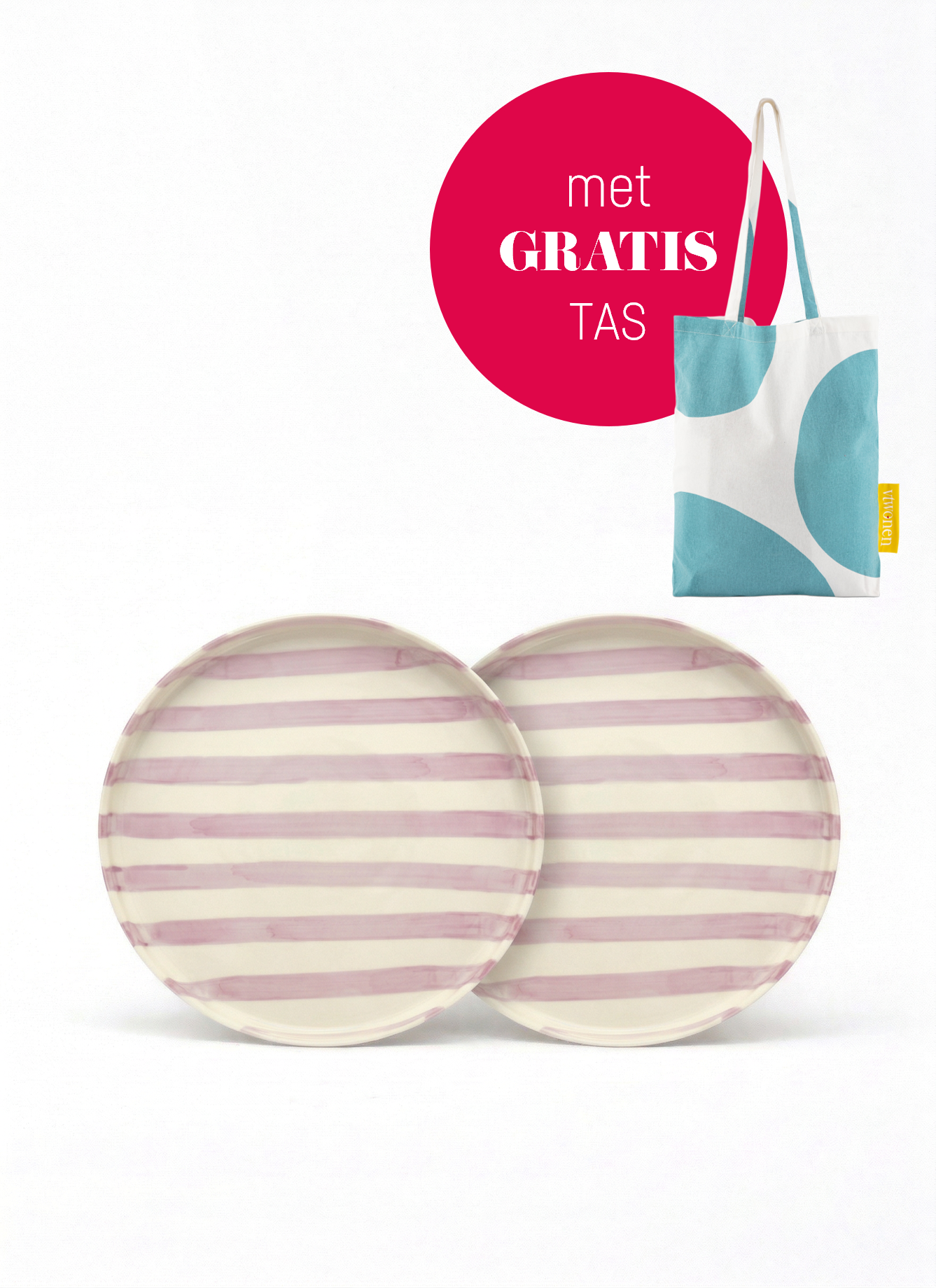 vtwonen - Lunchbord - Strepen - Lila - Set van 2 - Keramiek - 20cm