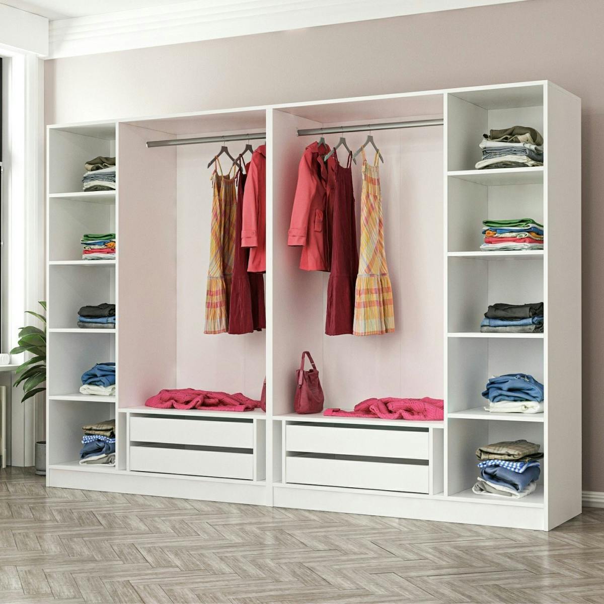 Armoire penderie ouverte blanche 2 portants 4 tiroirs BYRON
