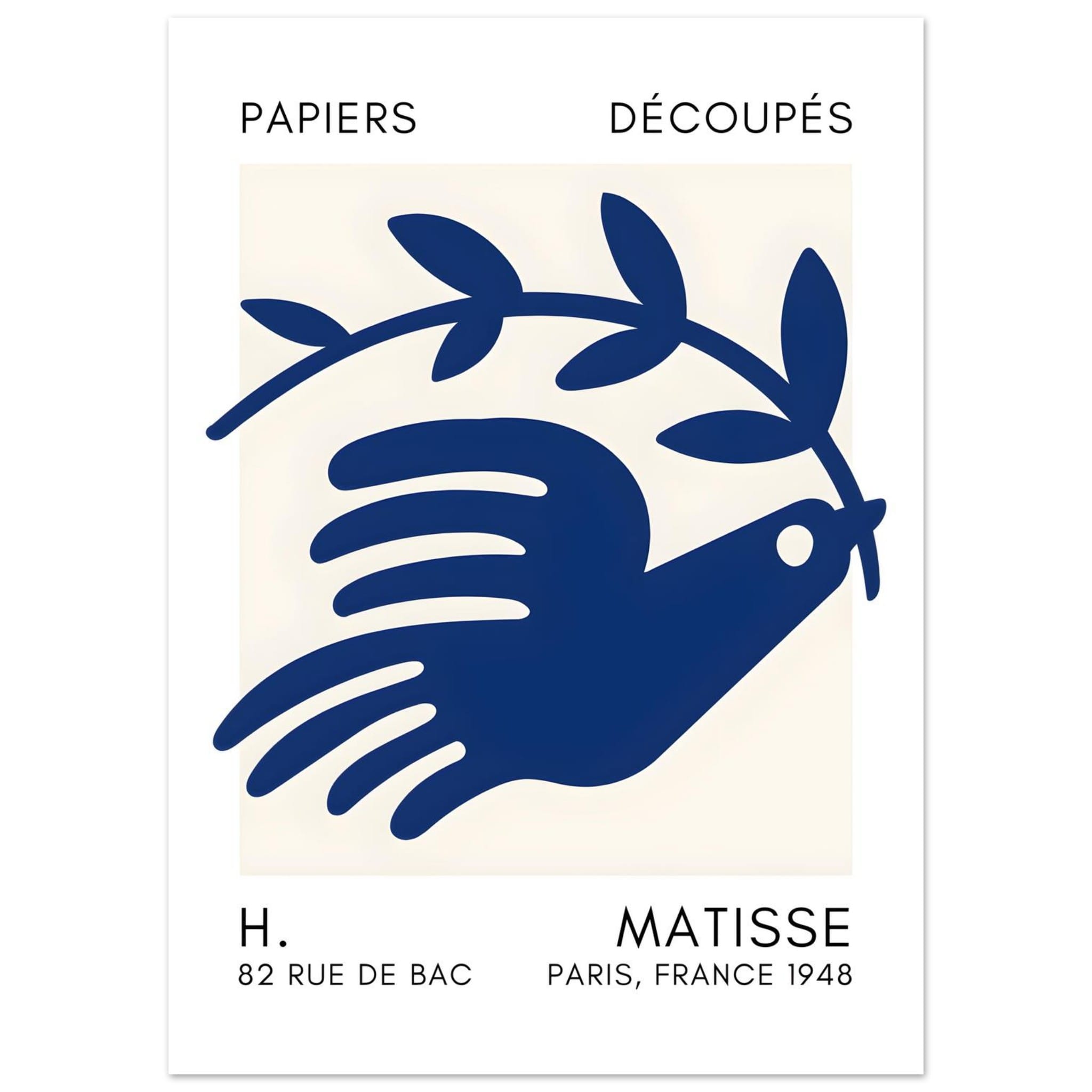 Artfulprints Poster Matisse – Peace dove navy blue II  - 50x70 cm - Blauw