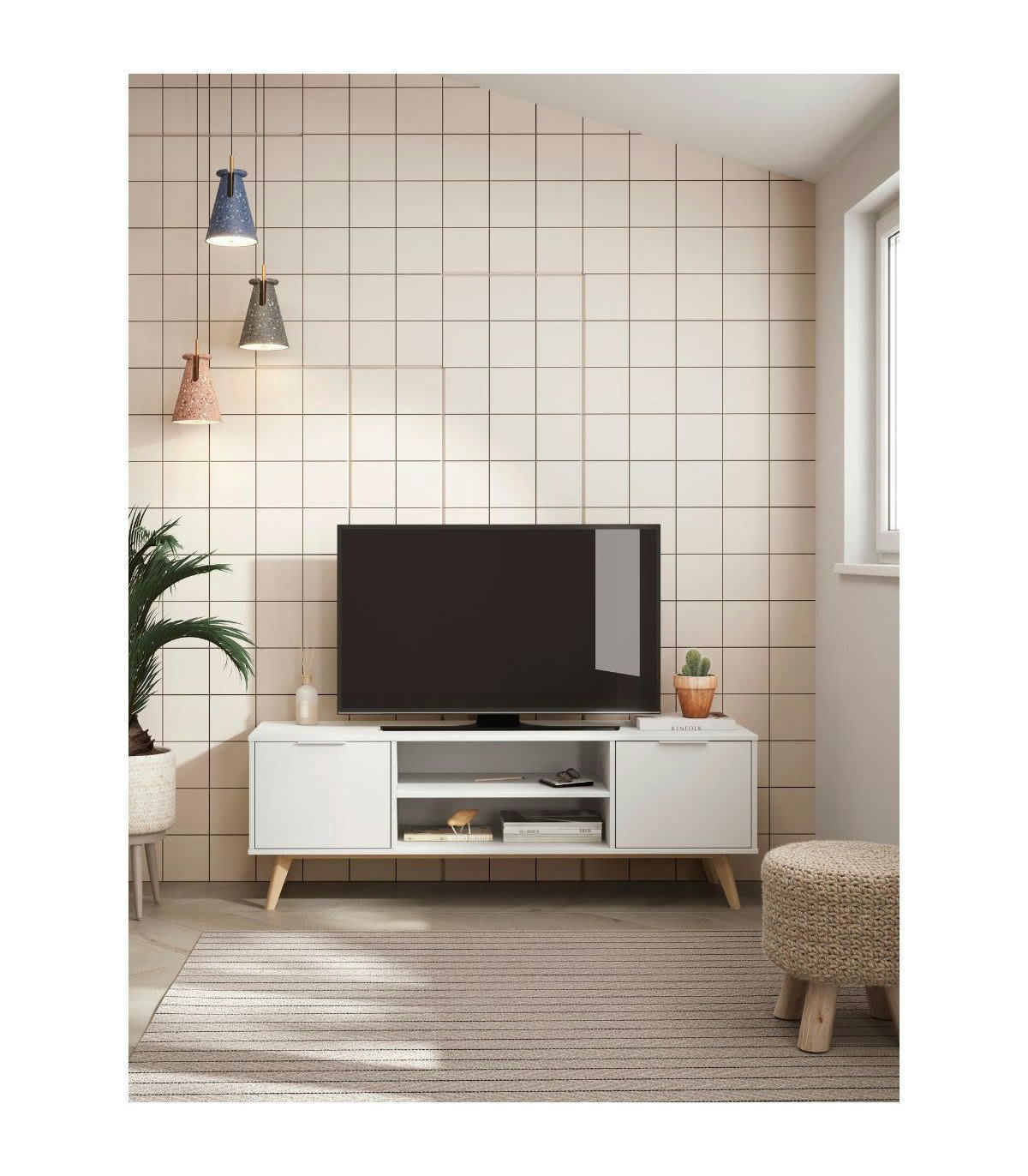 CAMPUS - Meuble TV 2 portes 2 niches blanc et pin massif - L140 cm