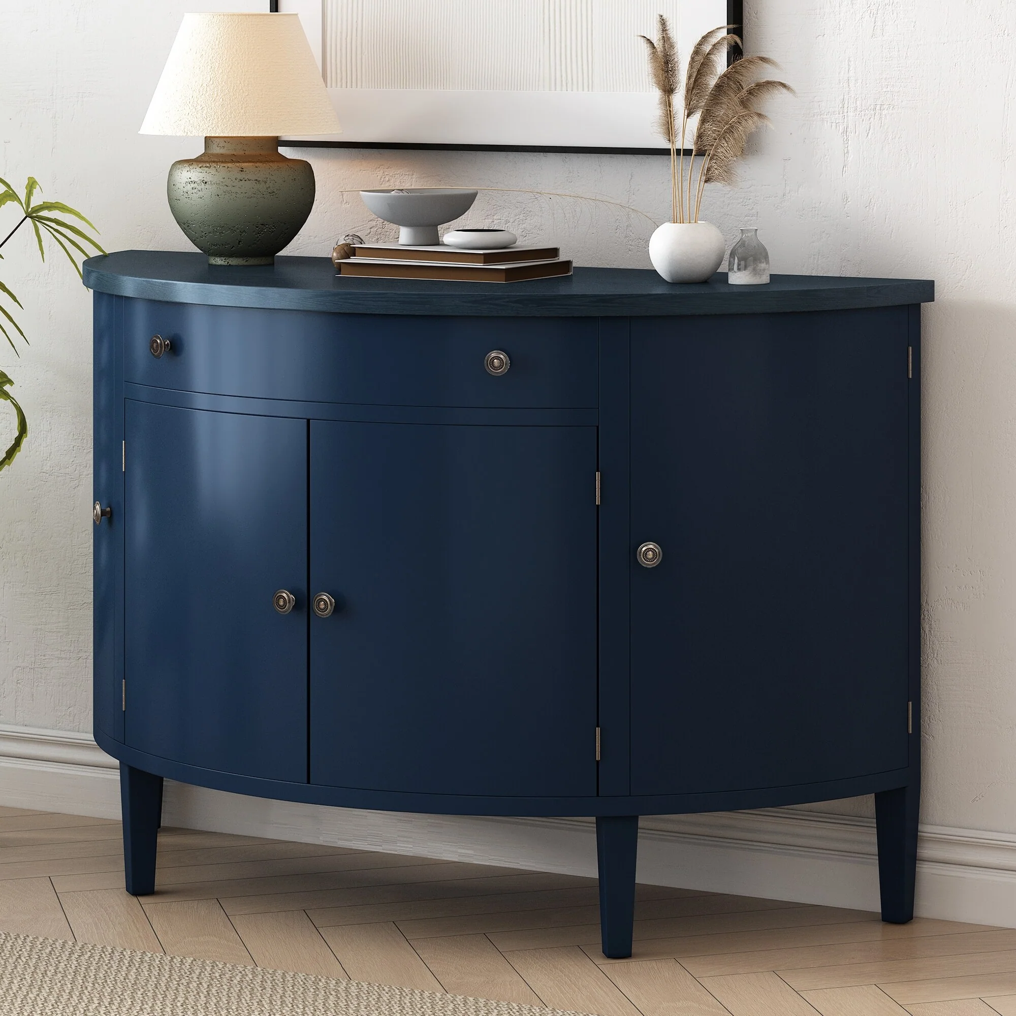 4 Doors Solid Wood Curved Storage Cabinet with Adjustable Shelves and Drawer, Sideboard with Distressed Button Door Handle