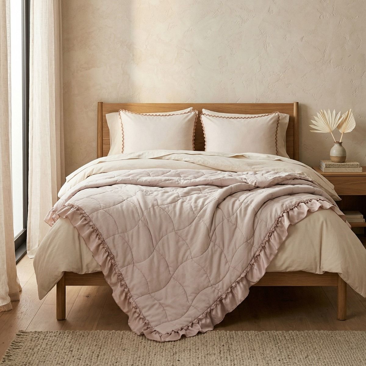 Narzuta LEONA kremowa z pikowaniem i ozdobną falbaną 200x220 cm