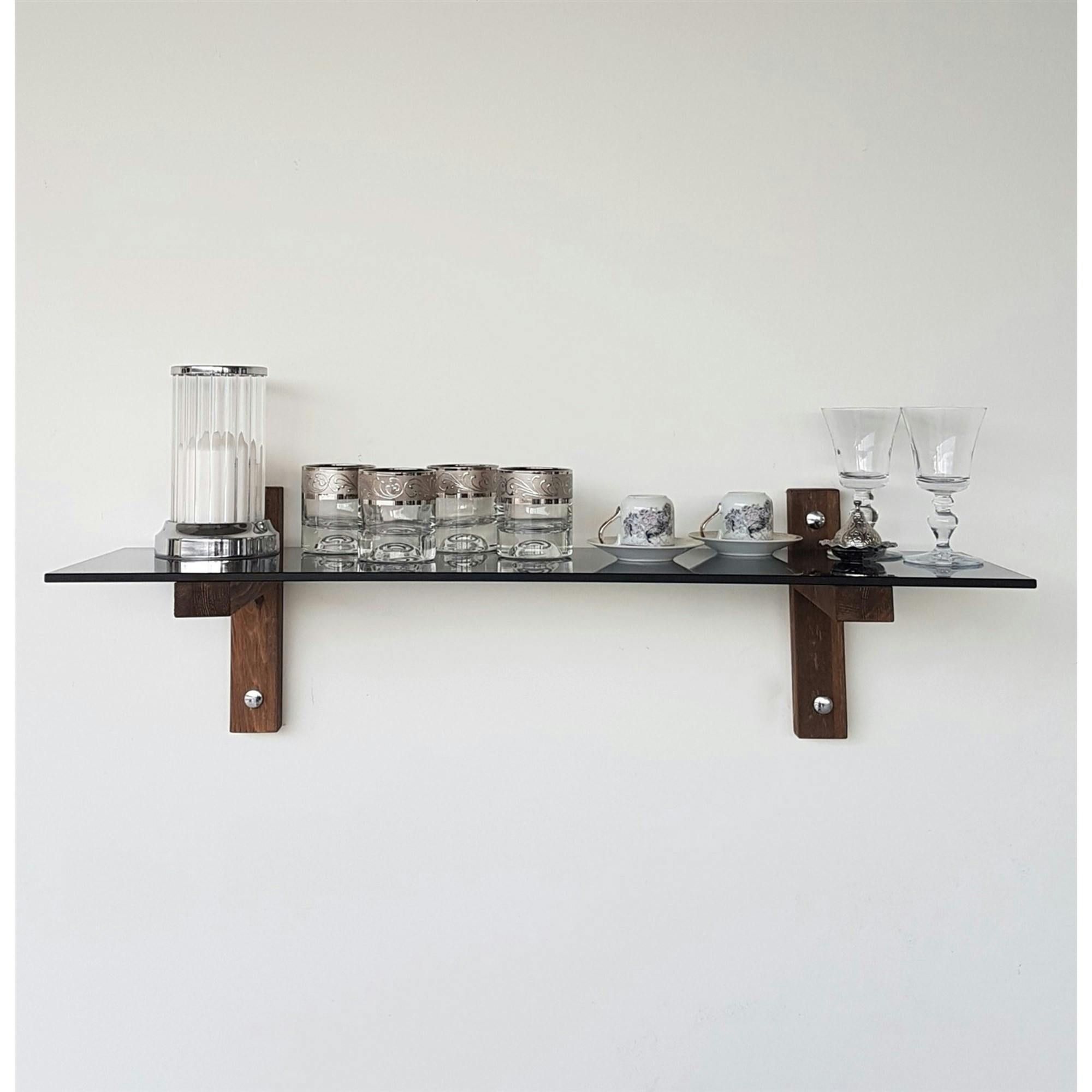 Étagère murale en verre fumé - supports bois foncé LHASA