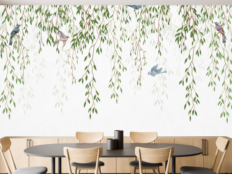 Fototapeta Gałązki wierzby płaczącej i ptaki 150x105cm