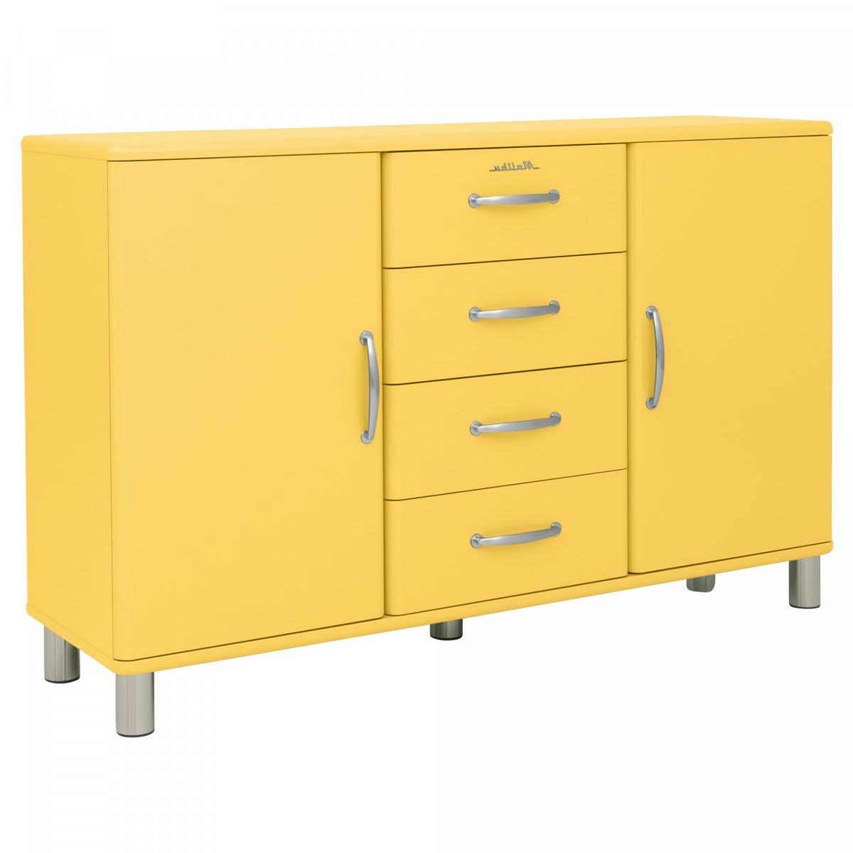 MALIBU - Buffet bas style rétro 2 placards 4 tiroirs moutarde