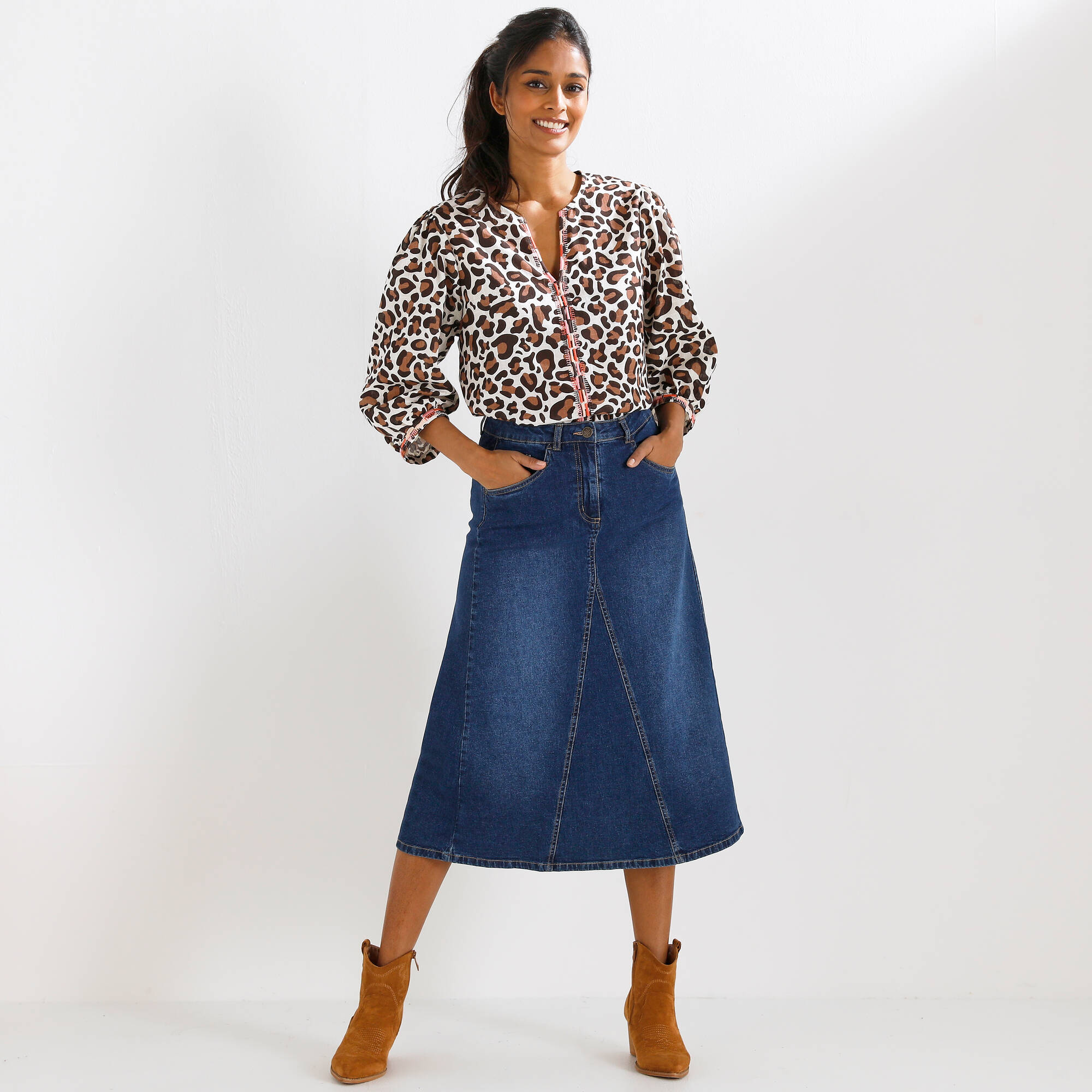 Blouse brodée manches 3/4, imprimé léopard