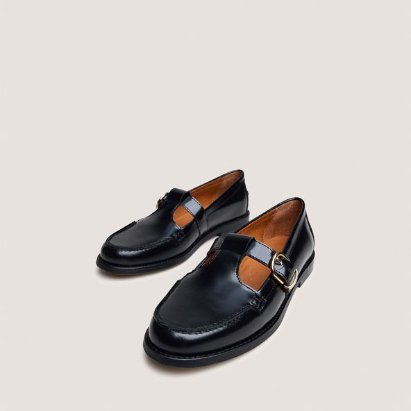Mocassins à boucles ajustablesen cuir glacé noir | ARMANCE