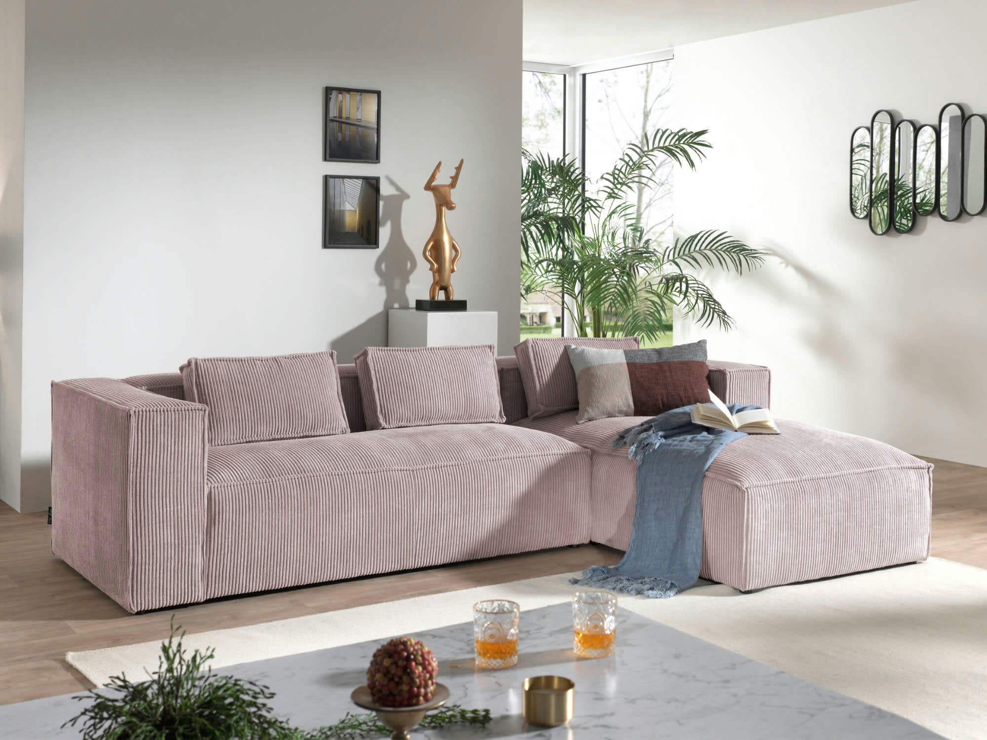 STELLA - Canapé d'angle droit 4 places en velours côtelé rose