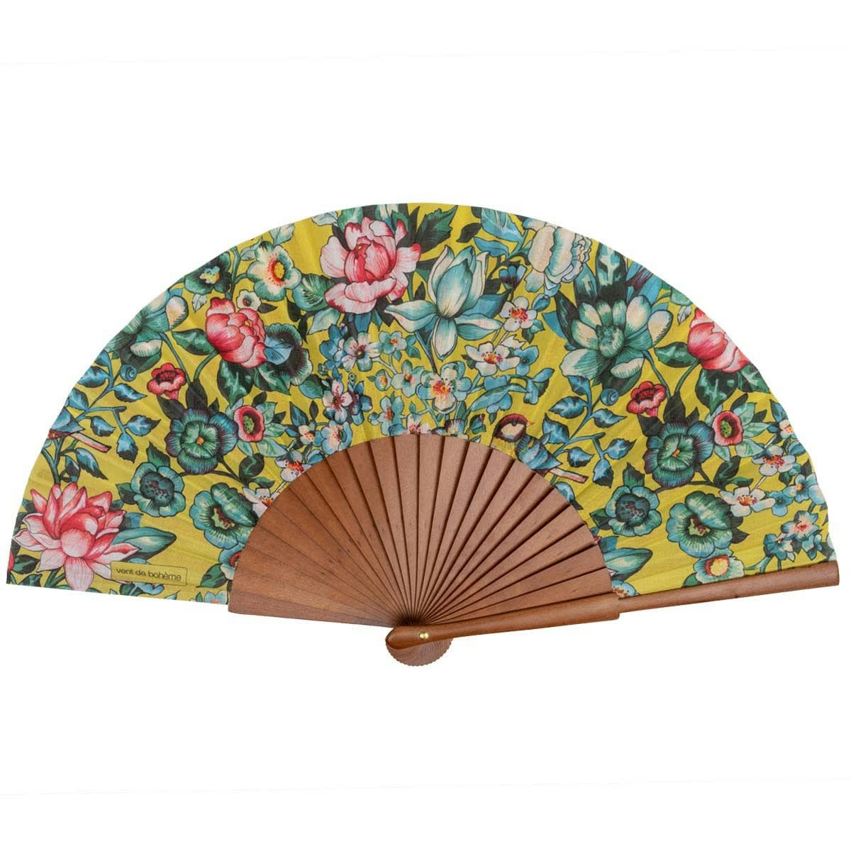 NILA - Éventail en bois de merisier et coton imprimé fleuri jaune