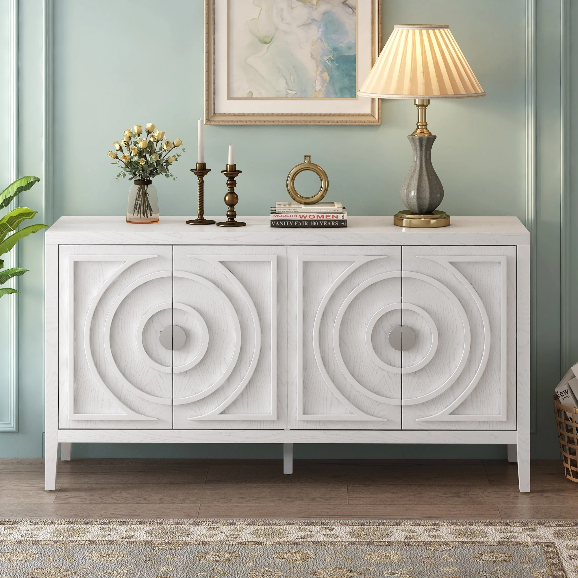 Retro Entryway Buffet with Circular Groove Design Round Metal Door Handle