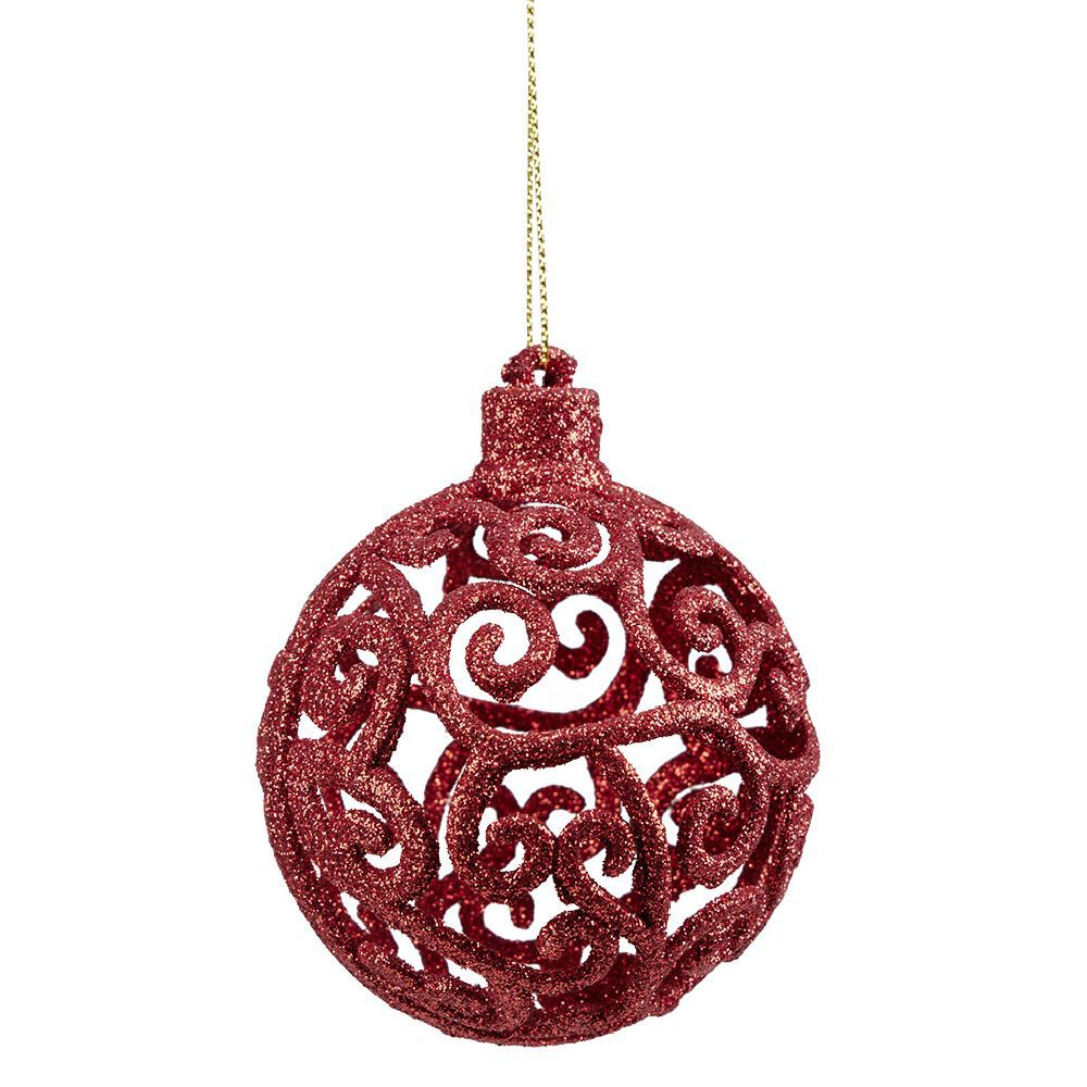 Boule de No&euml;l ajourée motif arabesque pailleté rouge Ø8 cm x3
