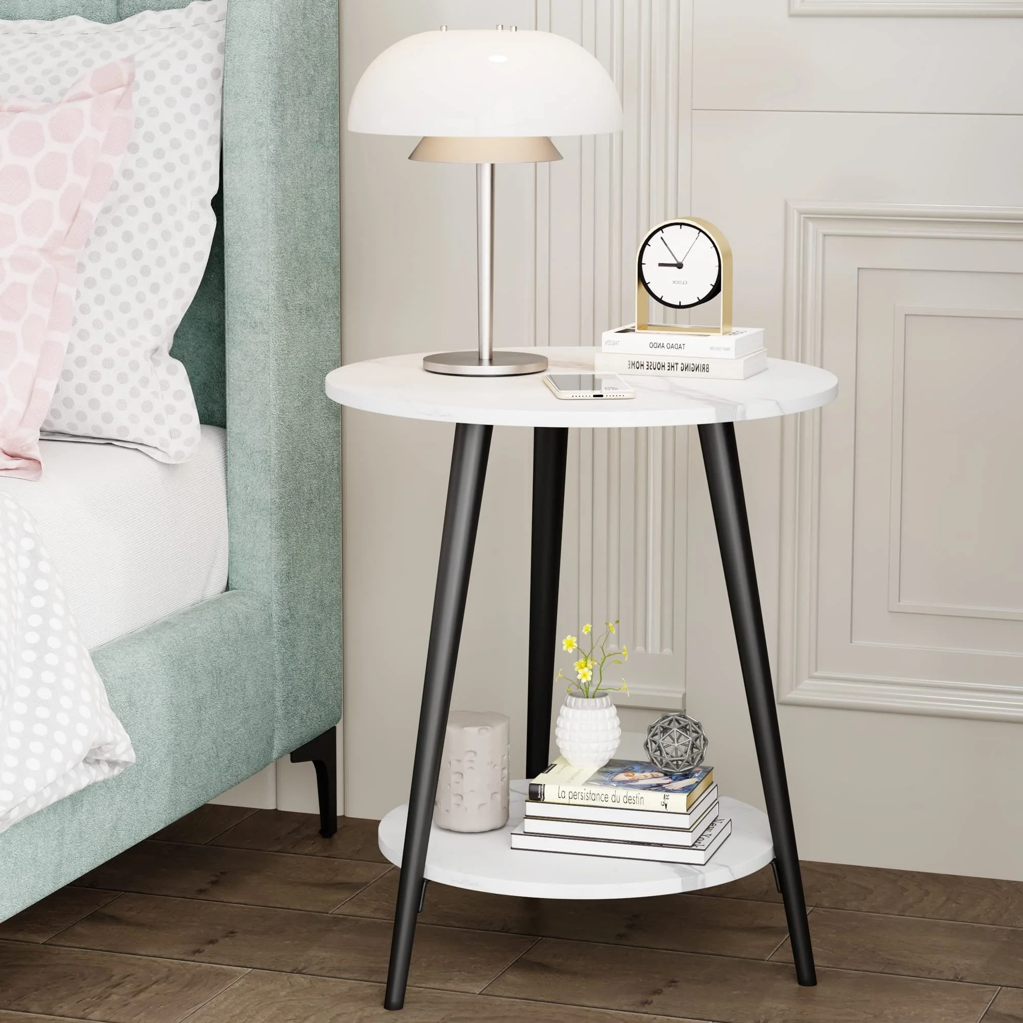 Round End Table Modern White Side Table for Living Room Bedroom Nightstand Accent Table with 2-Tier Faux Marble Wood Top