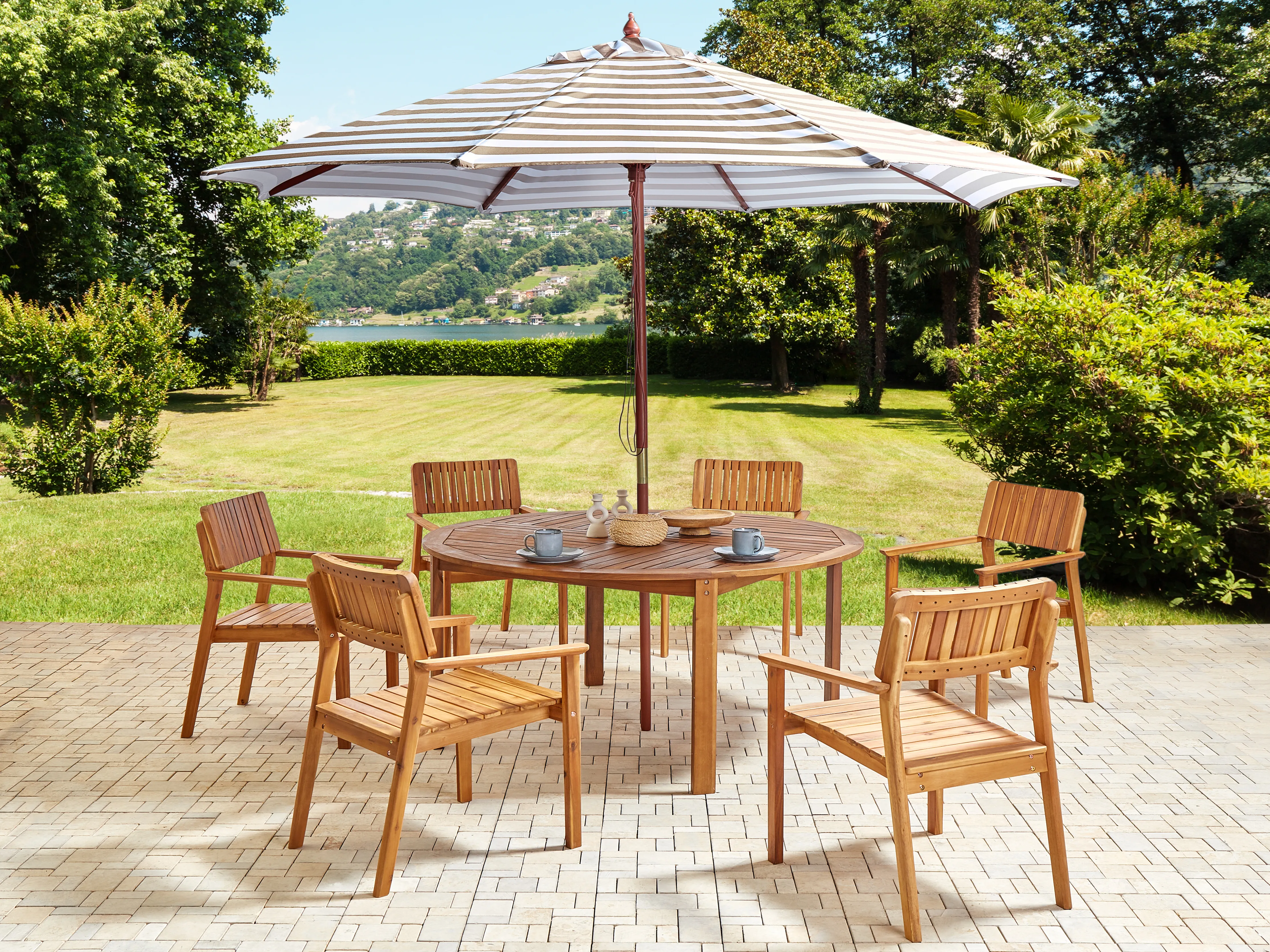 Garden Dining Set 6 Seater AGELLO with Parasol (12 Options) Acacia Wood Brown