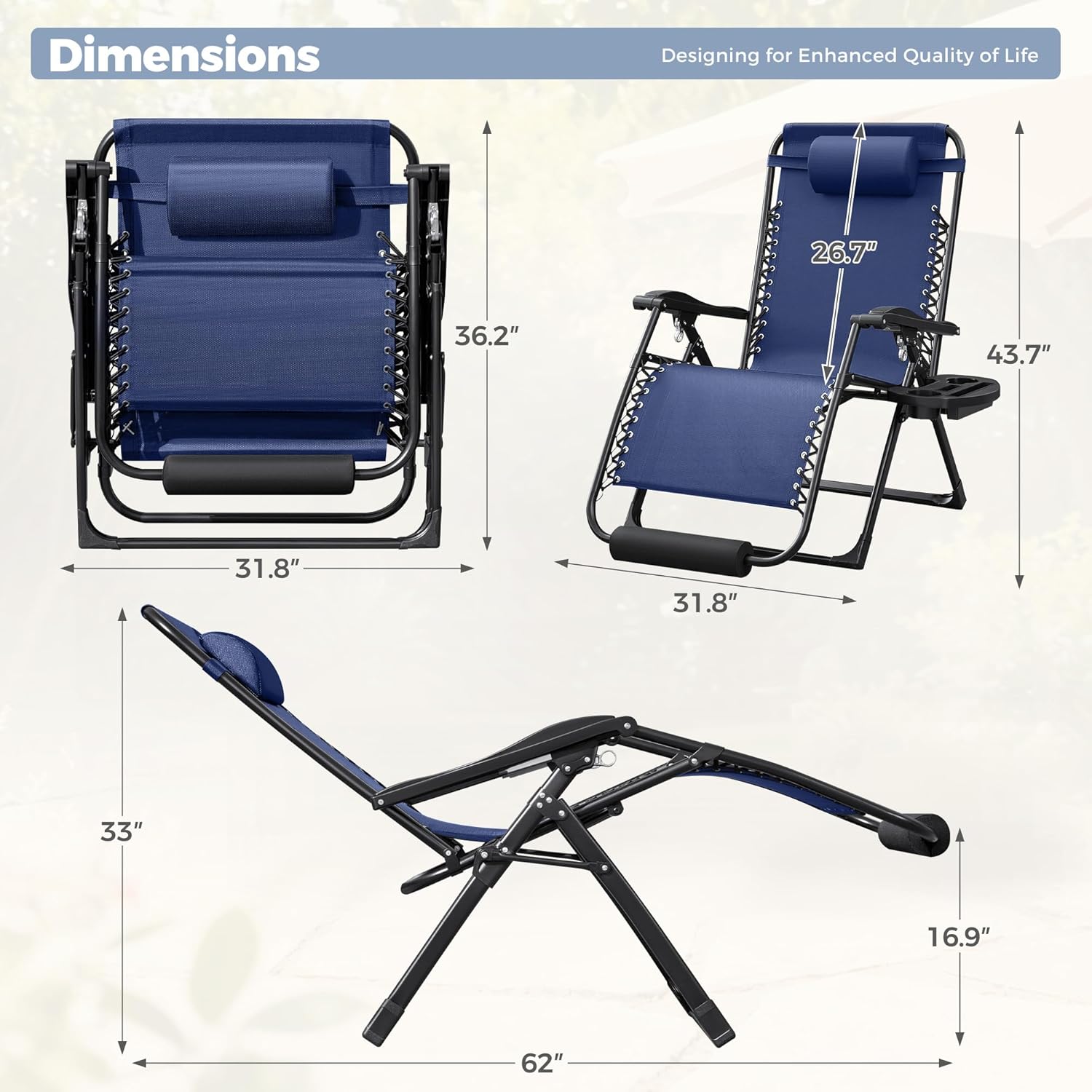 Homall Oversized Zero Gravity Chair, 32In Recliner Lounge Chair with Removable Soft Cushion and Cup Holder, Adjustable Anti Gravity Chair Folding Patio Chairs Padded for Indoor and Outdoor, Blue