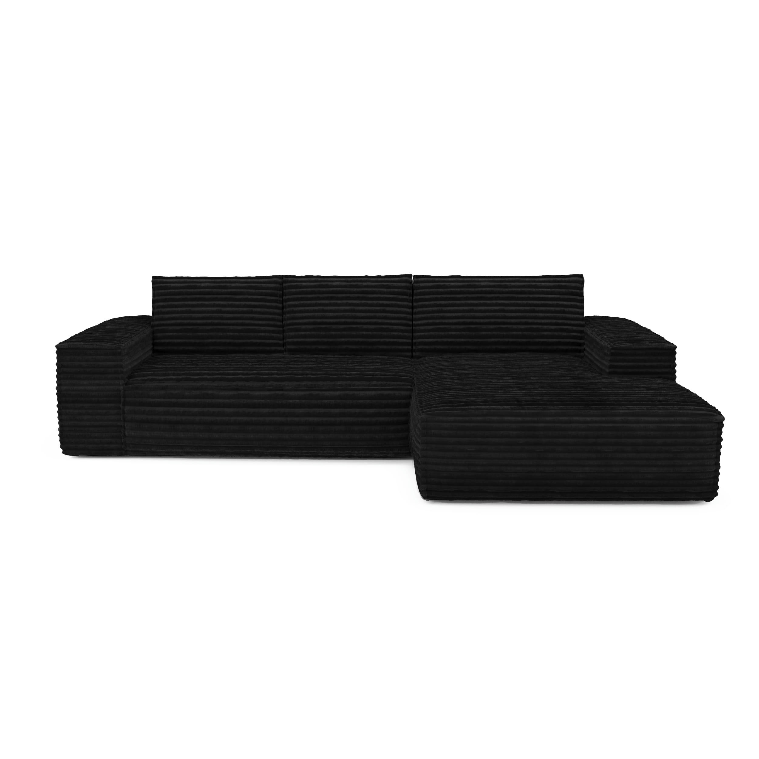JOAN - Canapé convertible angle droit velours côtelé XXL noir 140cm