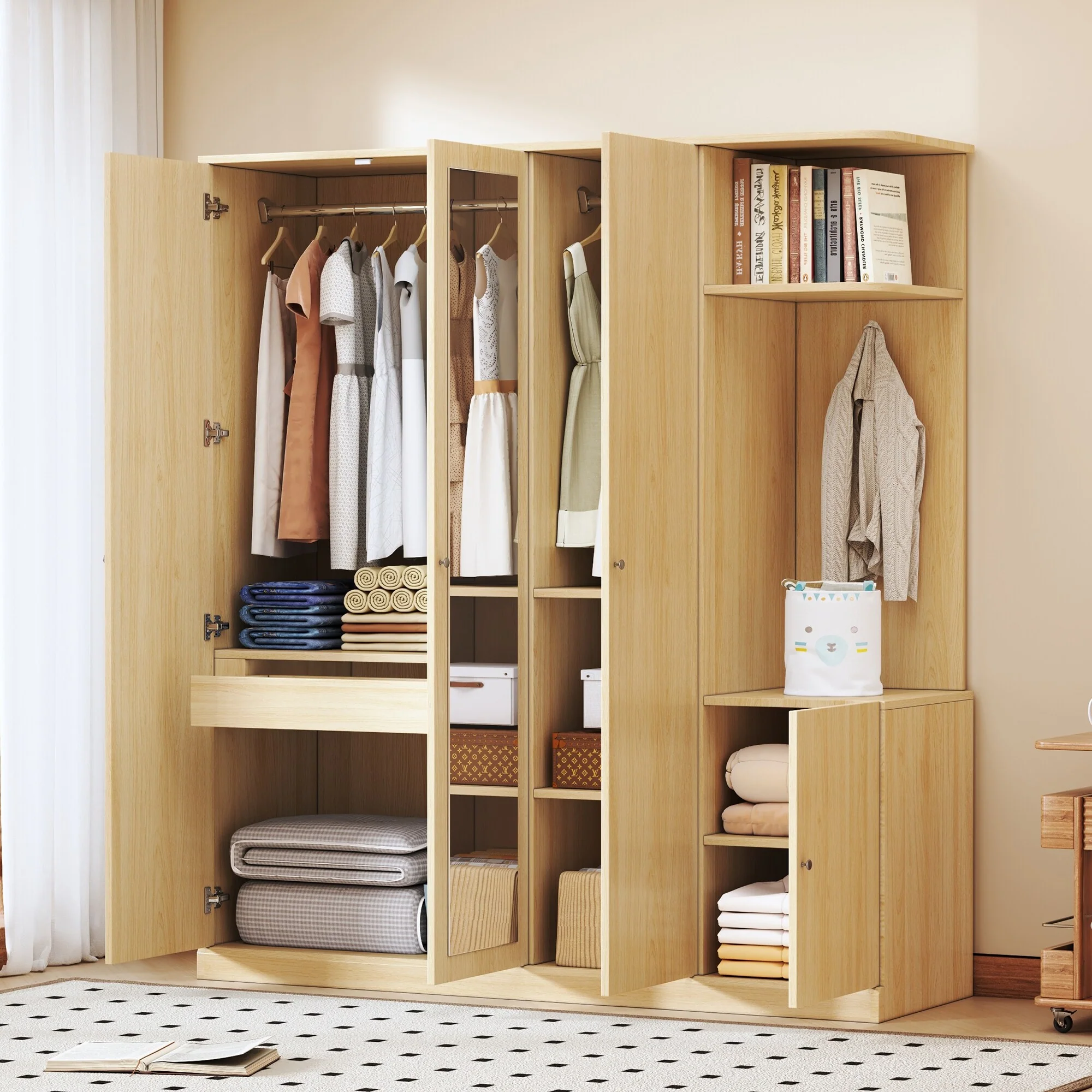 4-Door Wardrobe with Shelves, Drawers, and Full-Length Mirror