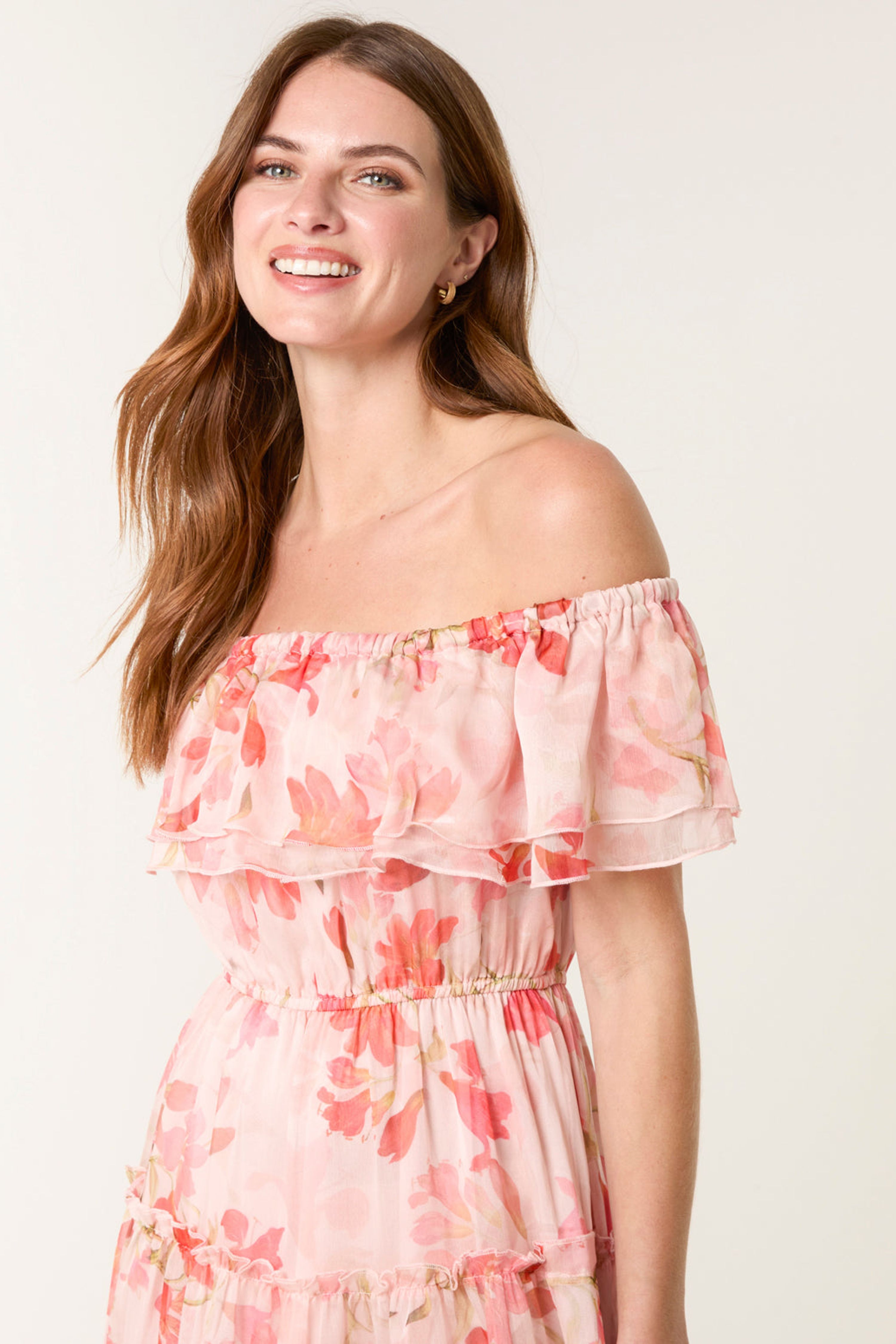 Blue Vanilla Pink Luxe Off The Shoulder Frill Maxi Dress