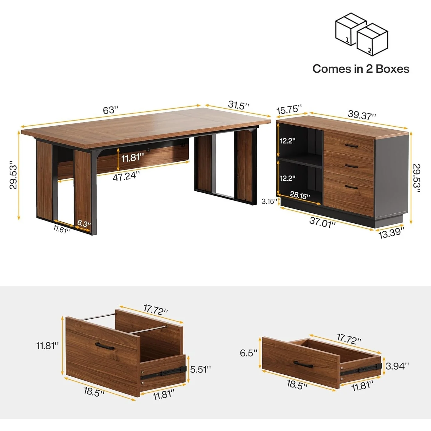 L Shaped Office Table with 47 Inch File Cabinet, Wood Business Furniture Set for Home Office