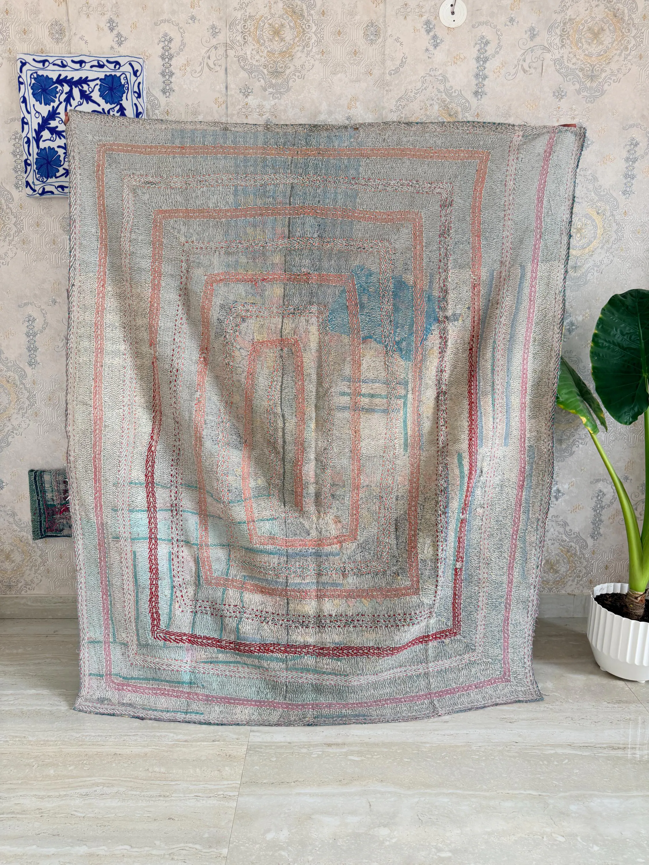 Vintage Cotton Kantha Quilt Throw – Handmade Reversible Boho Bedspread