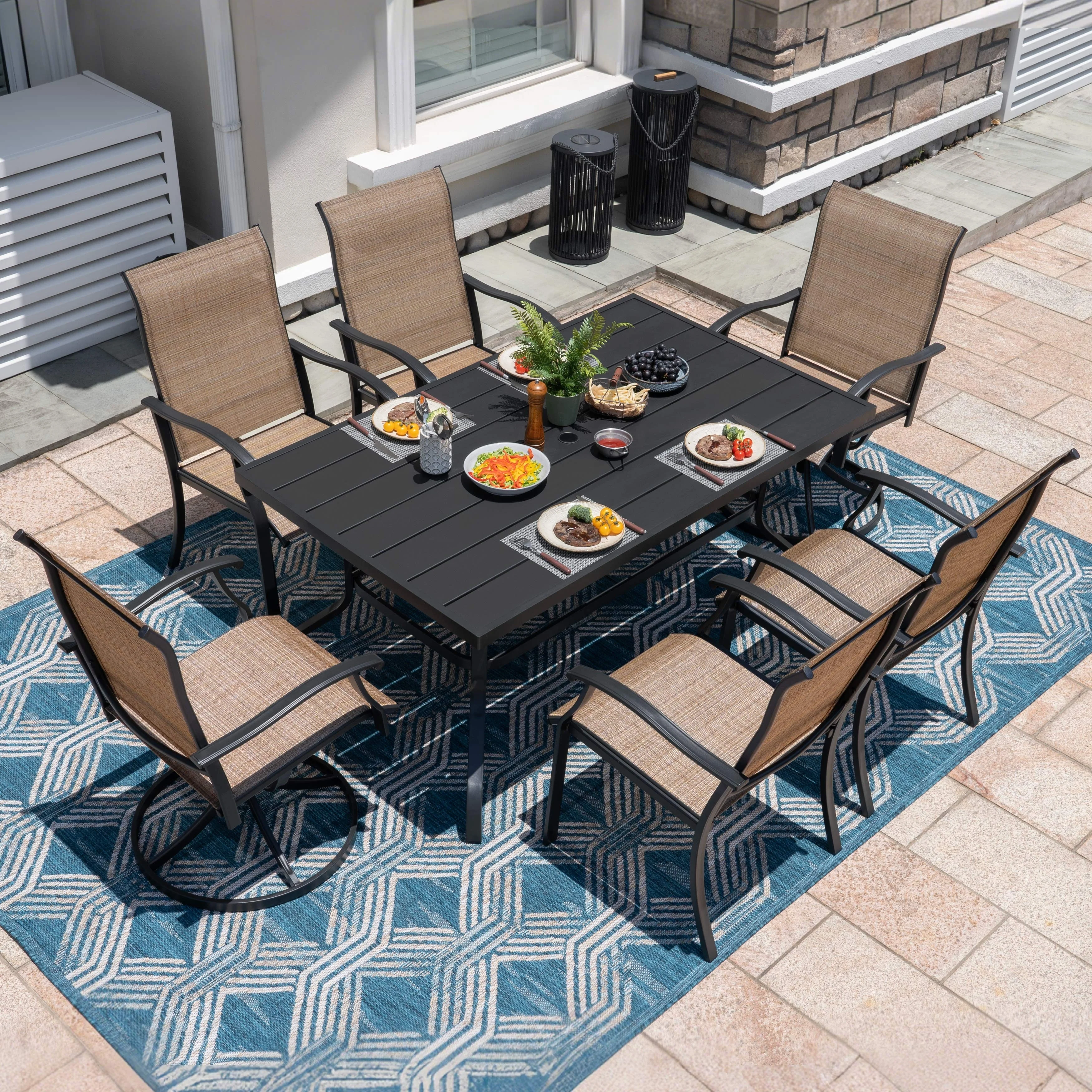 Outdoor 7-Piece Dining Set, Textilene Fabric, Powder-coated Iron Frame - 61 inch