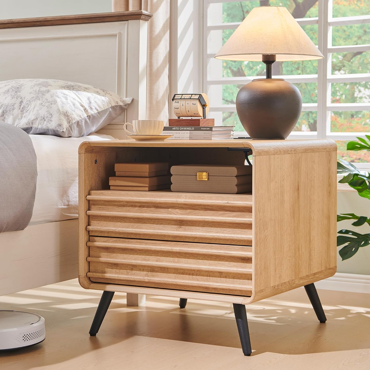 RedLemon 24 Nightstand Set of 2 with Charger Station, Mid Century Modern Fluted End Table with 2 Drawers, Wooden Side Table with Open Cubby Storage for Living Room, Bedroom, Office(Natural Oak)