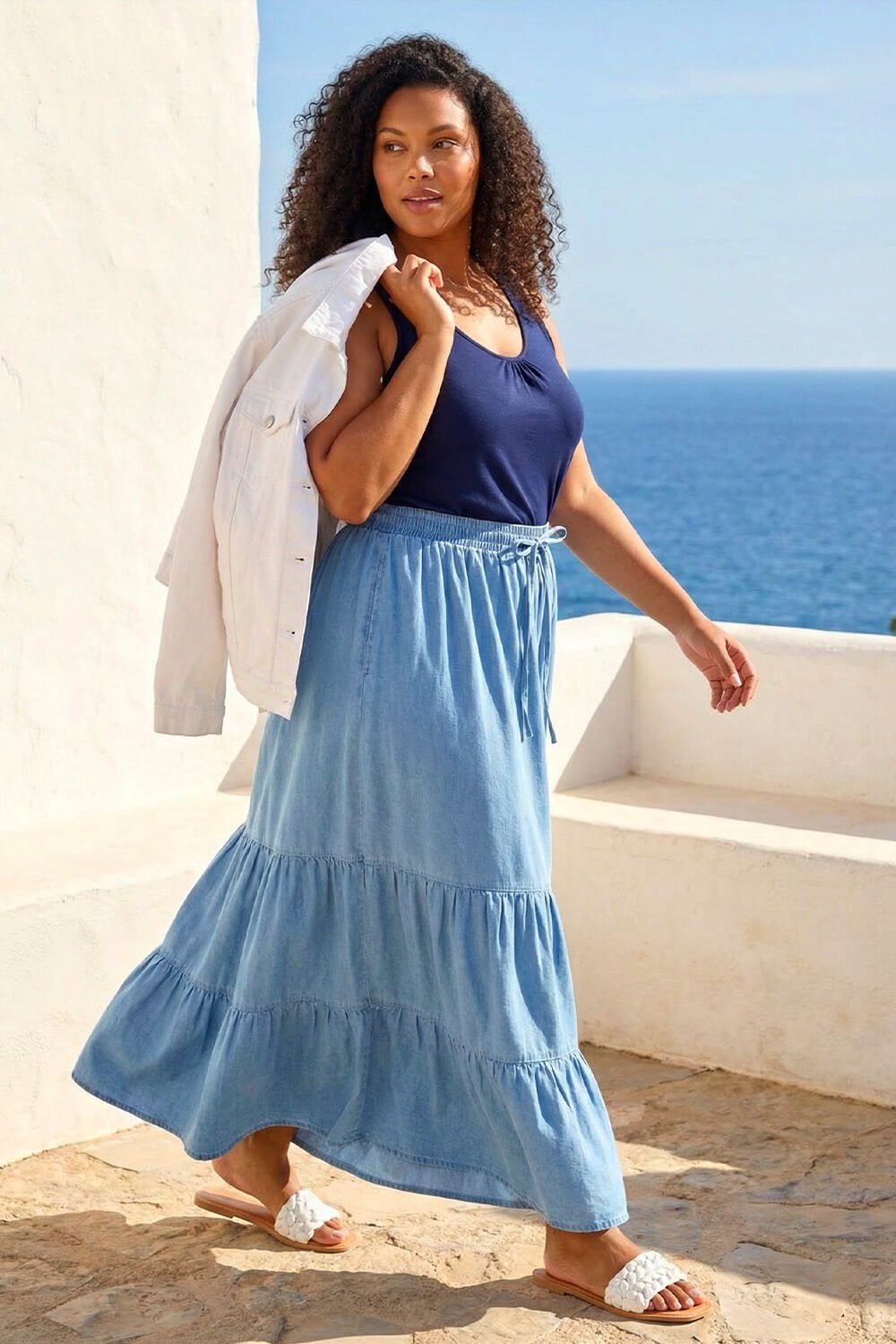 Roman Curve Tiered Woven Maxi Skirt