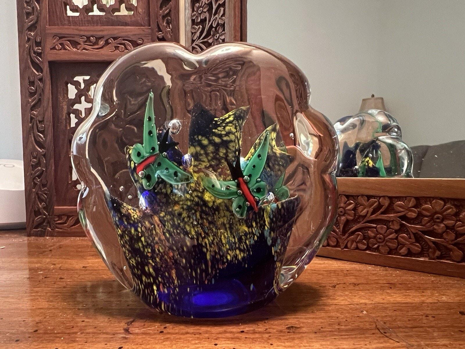 Vintage Murano Hand Blown Glass Painted Butterflies Aquarium Scalloped Paper Weight