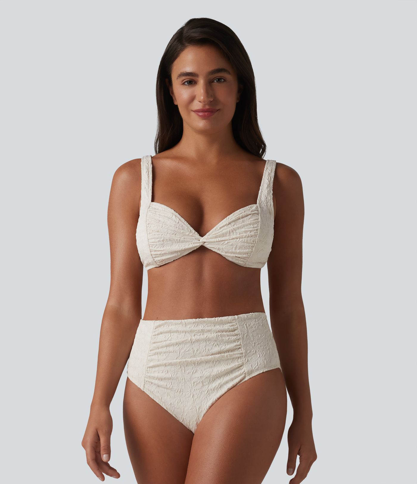 Ensemble bikini jacquard ventre plat bretelles réglables détail torsadé et froncé