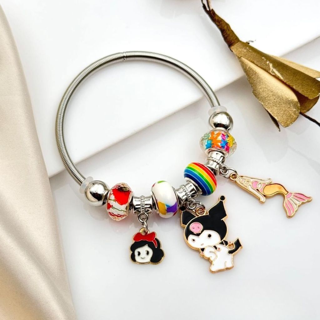 The Colourful Aura Cartoon Charm Dangle Silver Enamel Bangle Bracelet