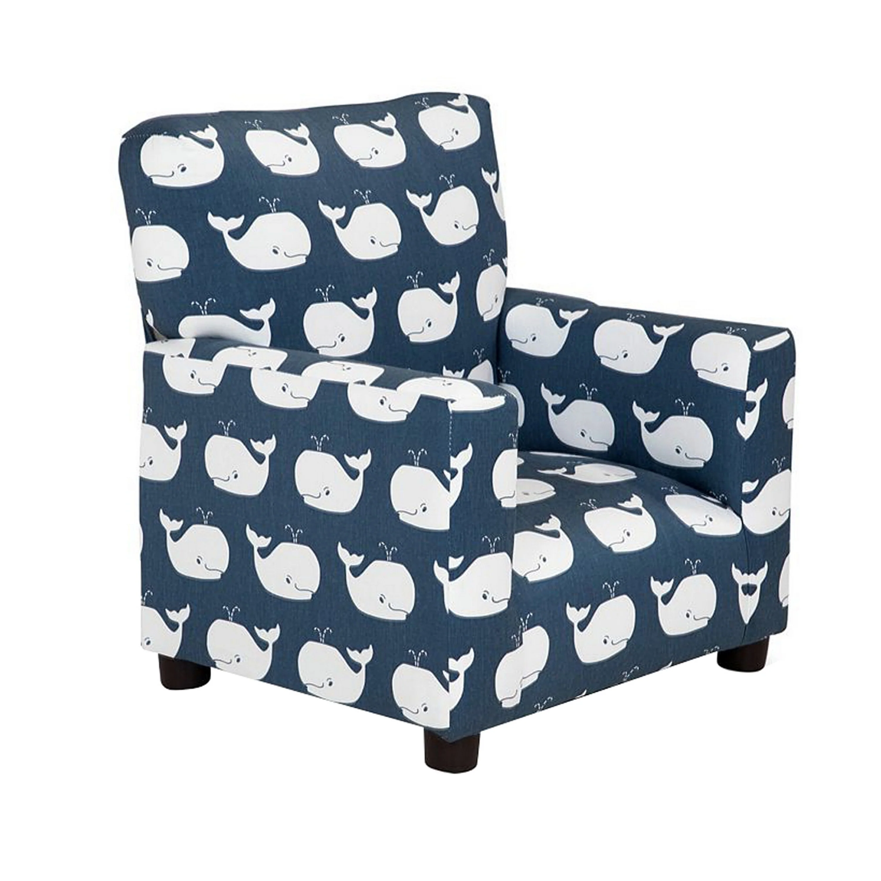 Tye 19 Inch Kids Sofa Chair, Blue Fabric, White Whale Print, Round Legs