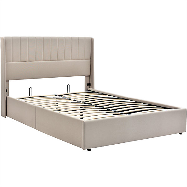 Lit rembourré hydraulique 140x200cm, lit avec rangement, lit double, avec sommier à lattes et structure métallique, lin, beige