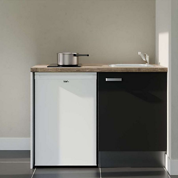 Kitchenette K08 façades Noir - Plan de travail Bois - Crédences : Non - Evier inox - Electroménager Blanc inclus