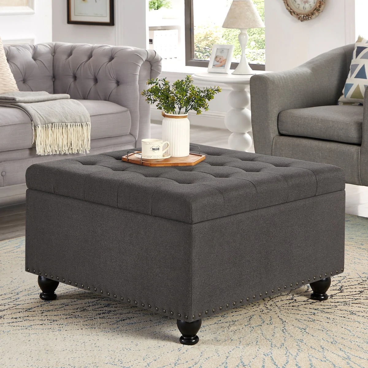 Large square storage ottoman with wooden legs, Upholstered button tufted coffee table with nail trims for Living Space