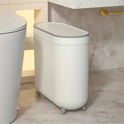 NNETM Compact Toilet Trash Can with Quiet Close Lid - White Gray Plastic, Space-Saving Design