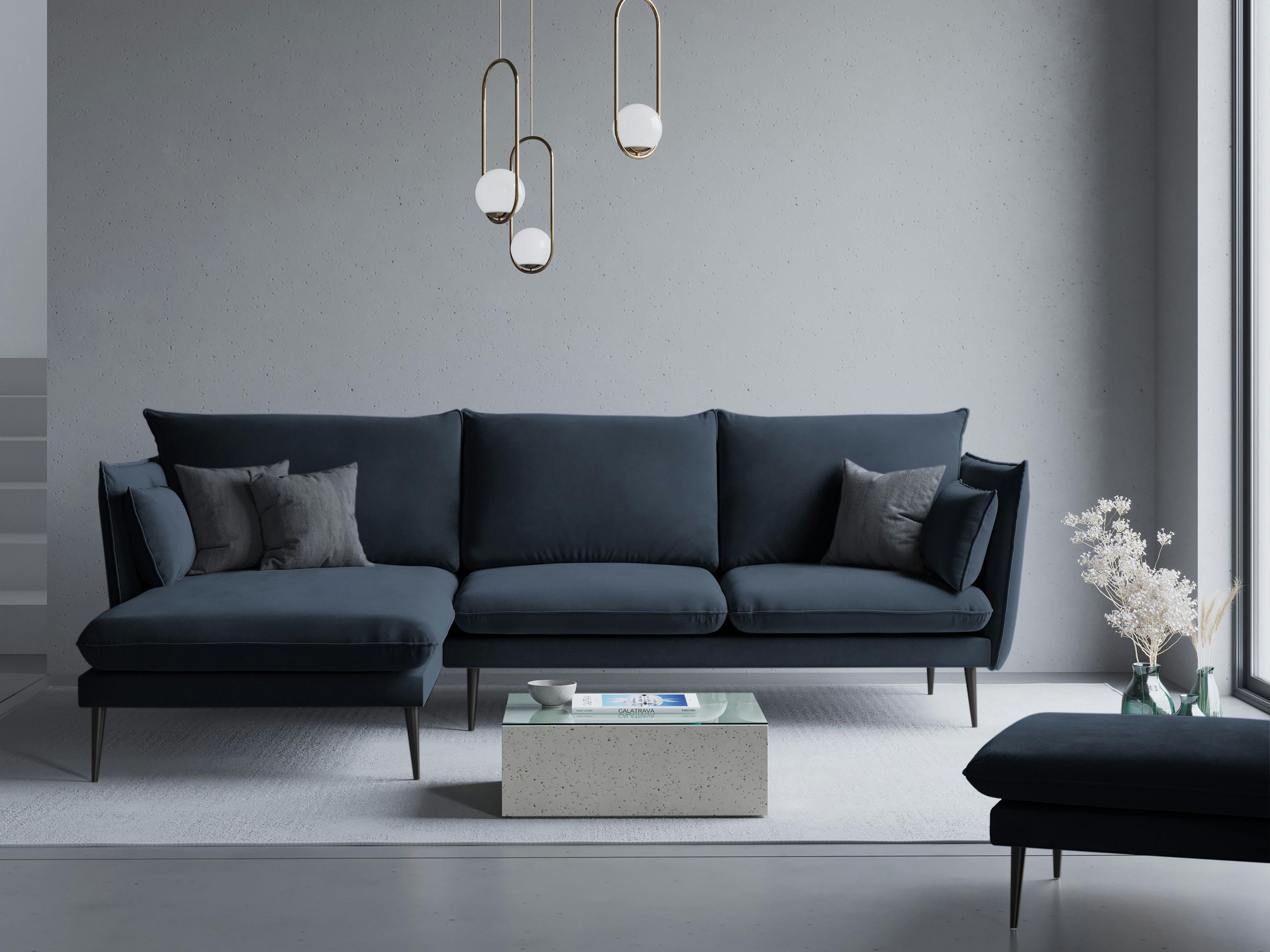 AGATE - Canapé d'angle 4 places en velours bleu foncé